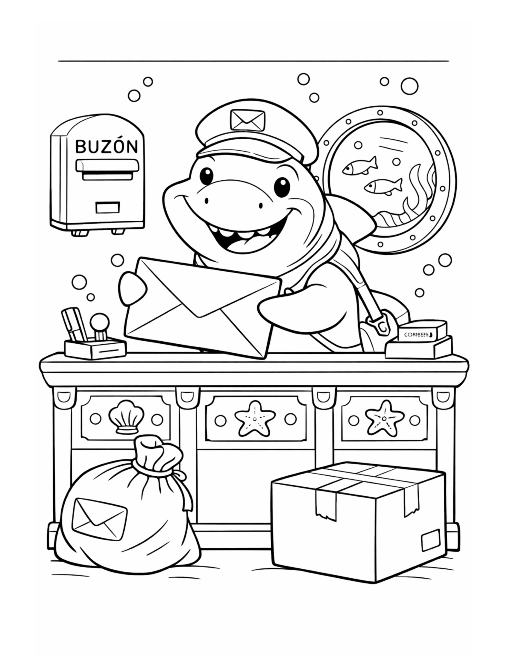 shark holding a letter coloring page with a mailbox, mail sack, and package on a counter