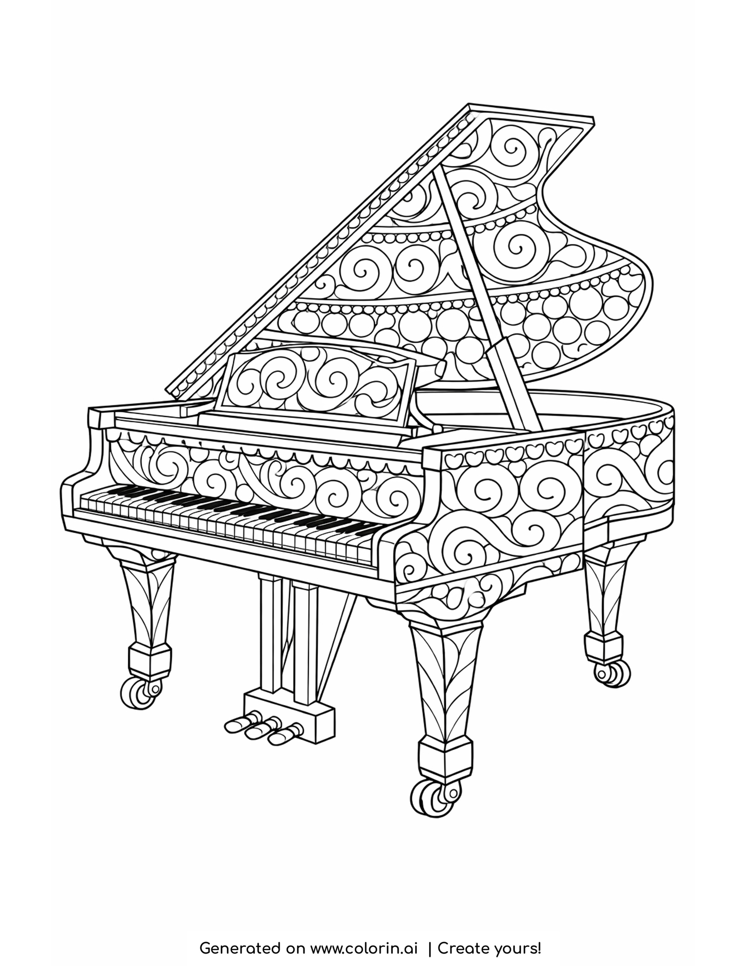 patterned piano coloring pages - a grand piano with its lid raised, covered in swirls, circles and scallops, with a plain keyboard across the middle