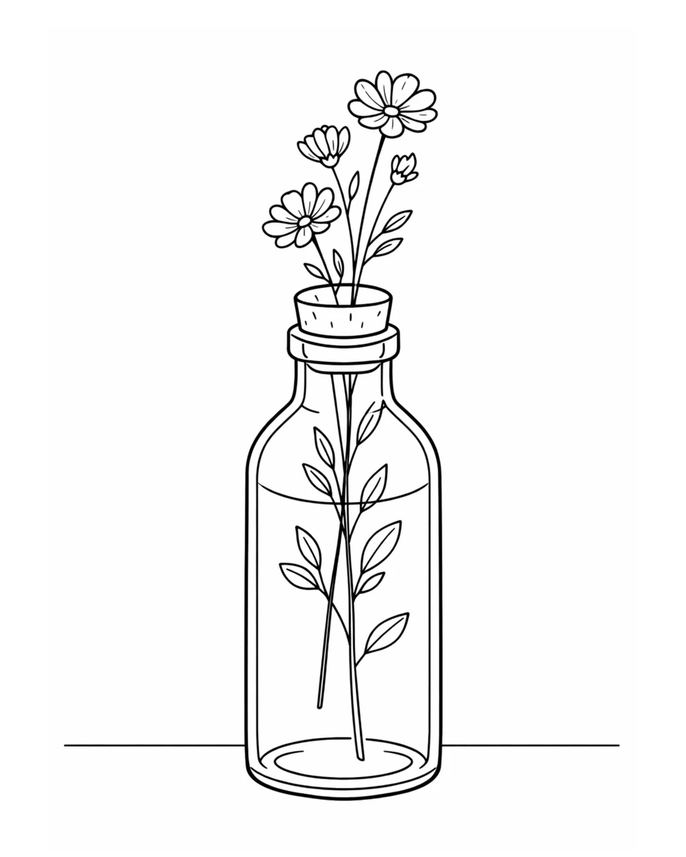 Bold and easy coloring page of three wildflowers in a corked bottle, easy difficulty
