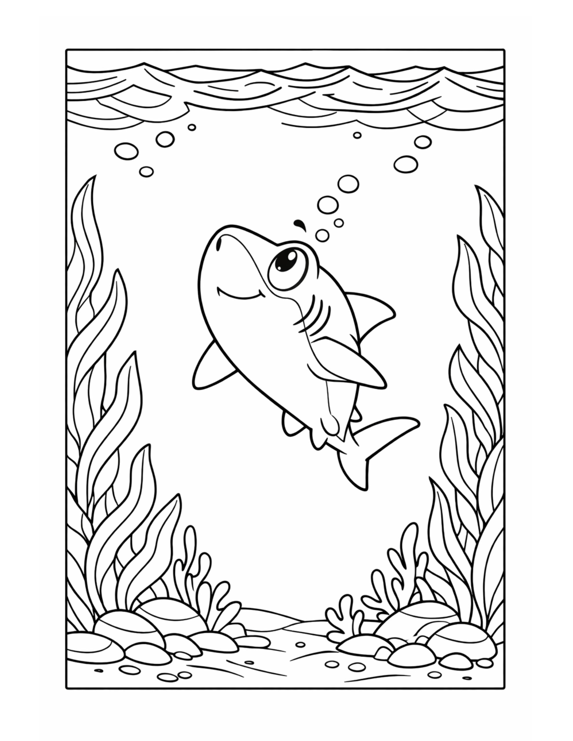 smiling shark swimming underwater with bubbles and sea plants coloring page