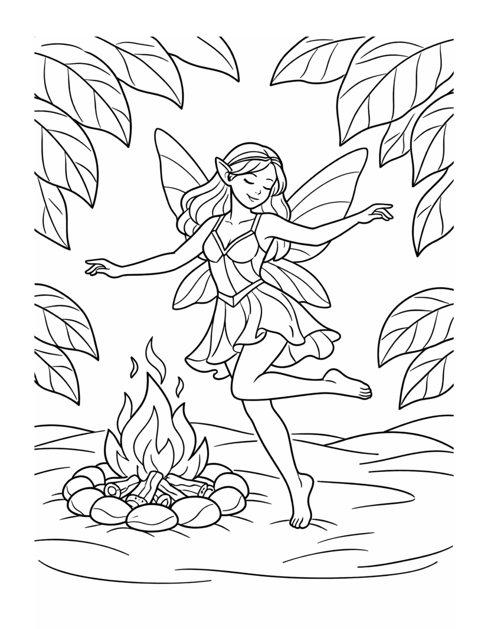 fairy dancing by a campfire coloring page in a leafy forest clearing with stones logs and flames