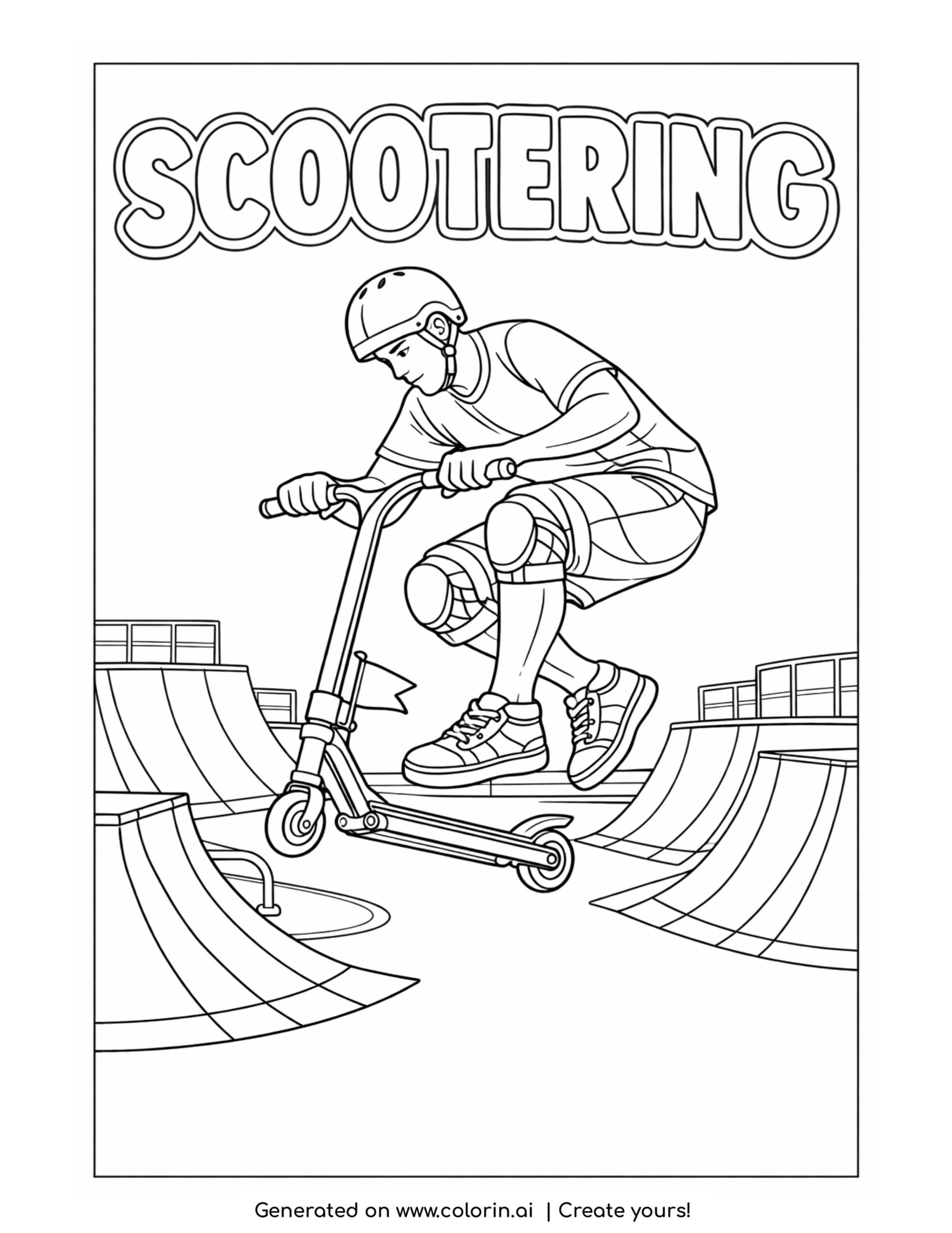 scooter rider doing jump trick coloring page with helmet and skatepark ramps in background coloring page