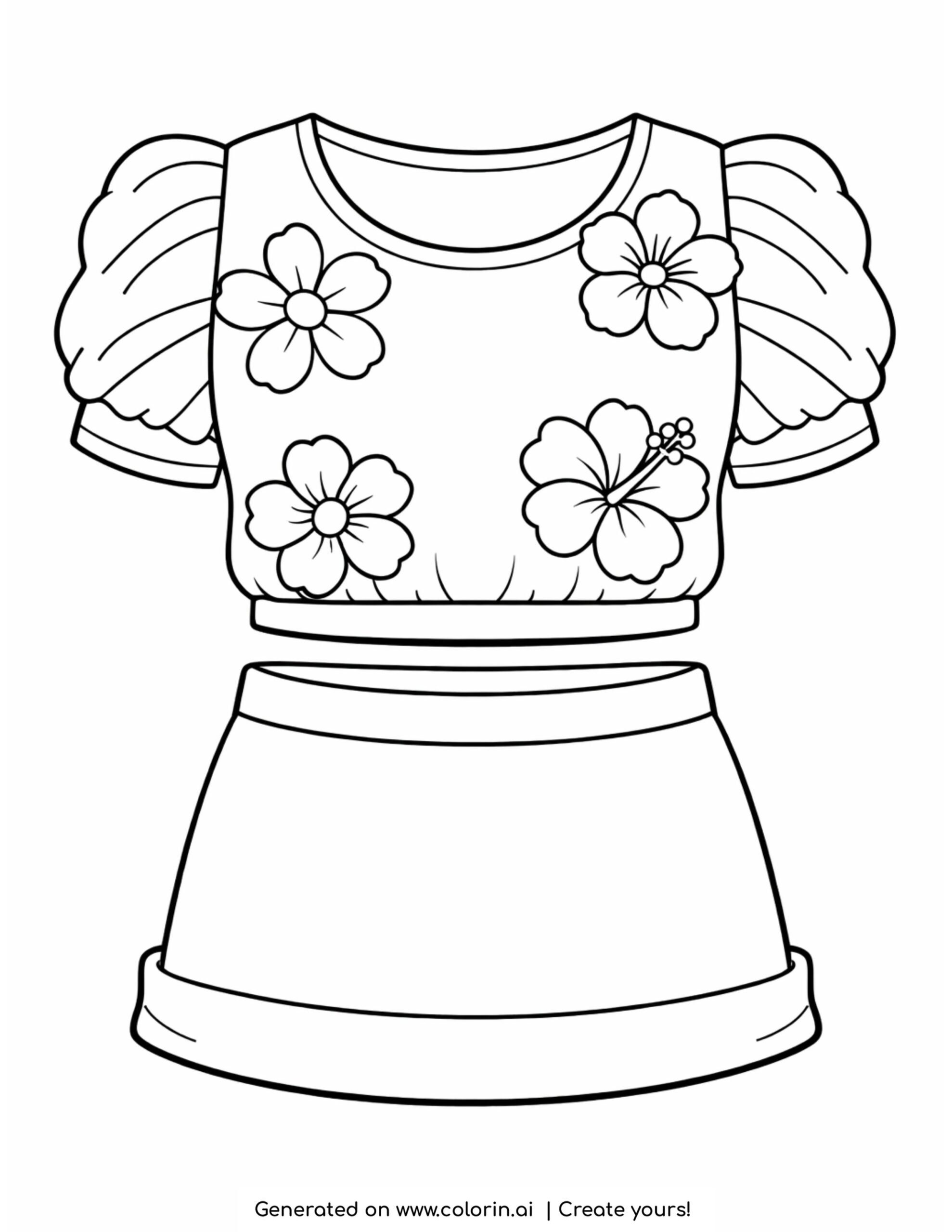 floral blouse with puff sleeves and skirt coloring page
