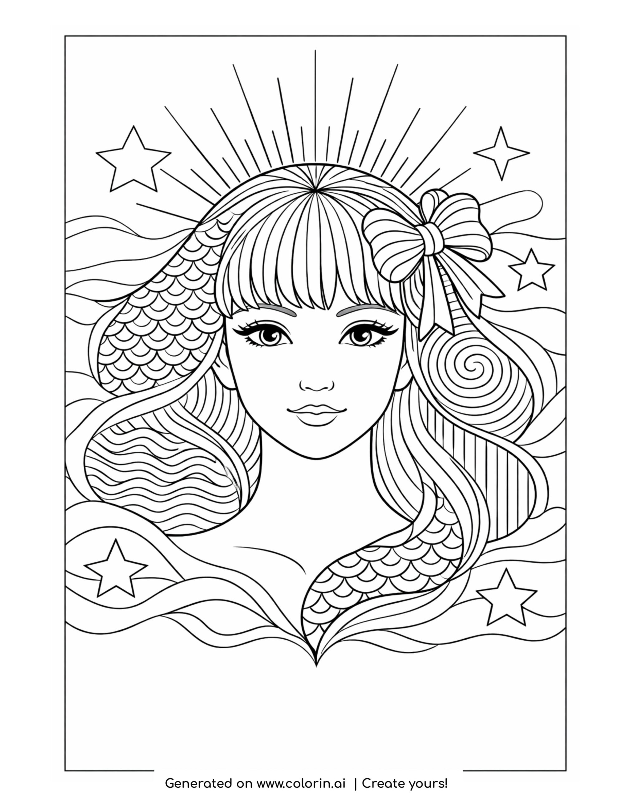 girl face with stars and flowing hair detailed coloring page