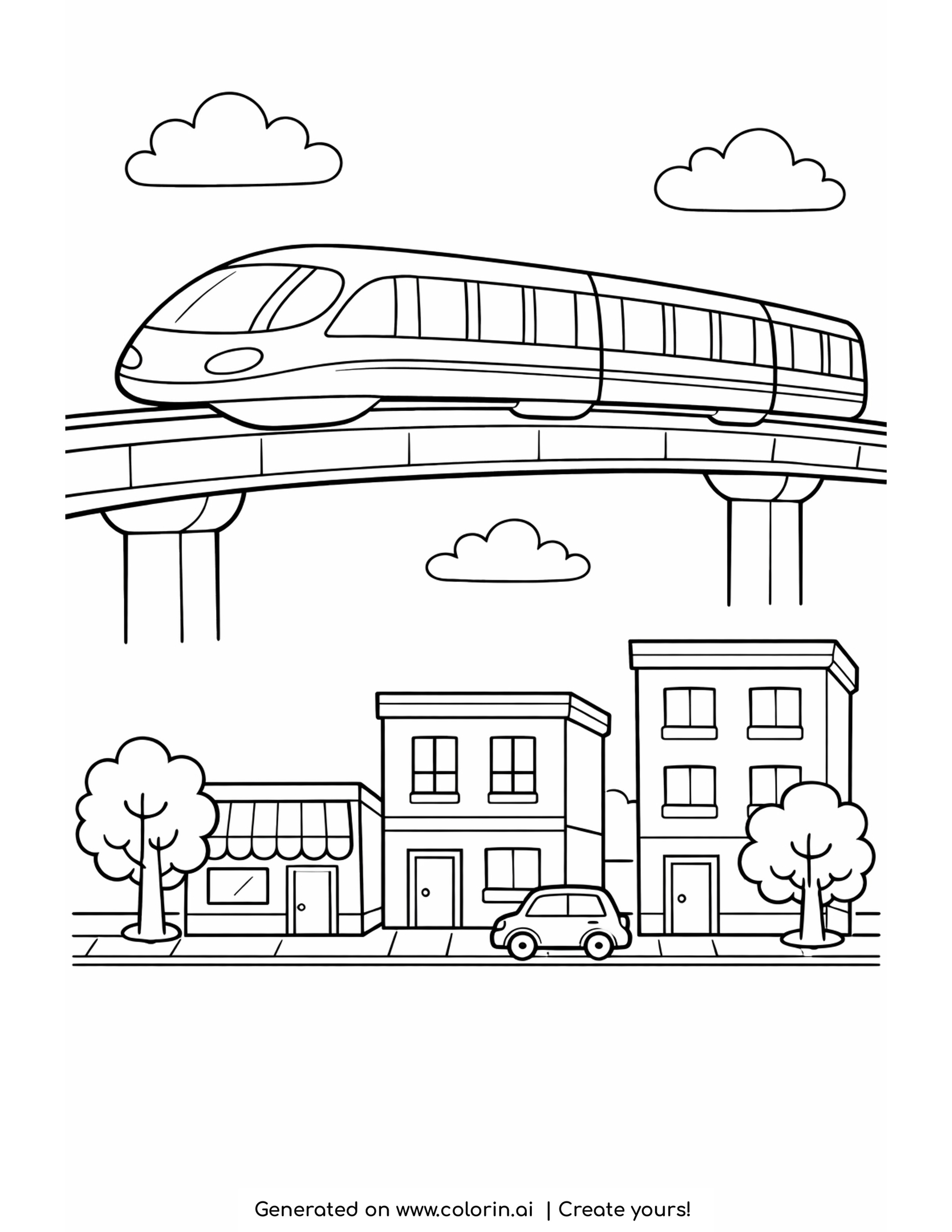 monorail coloring pages: a smooth monorail on an elevated beam above a city street with shops and trees