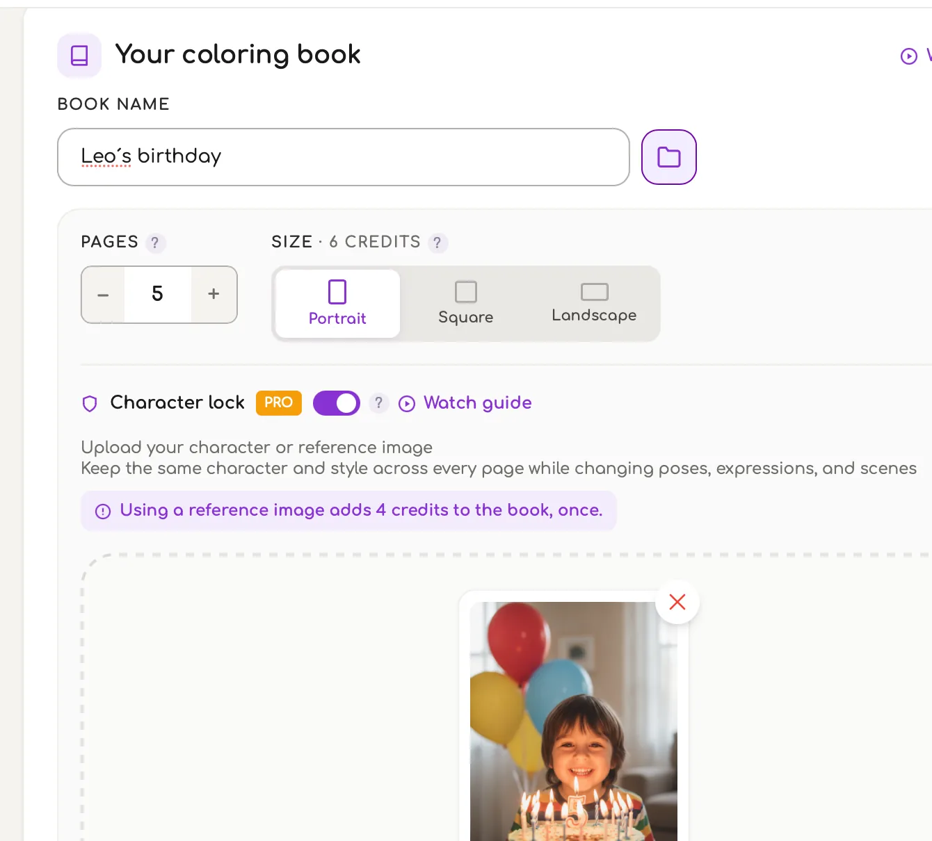 The AI coloring book screen in Colorin AI with five pages selected, Character lock switched on and the birthday photo uploaded as the reference image