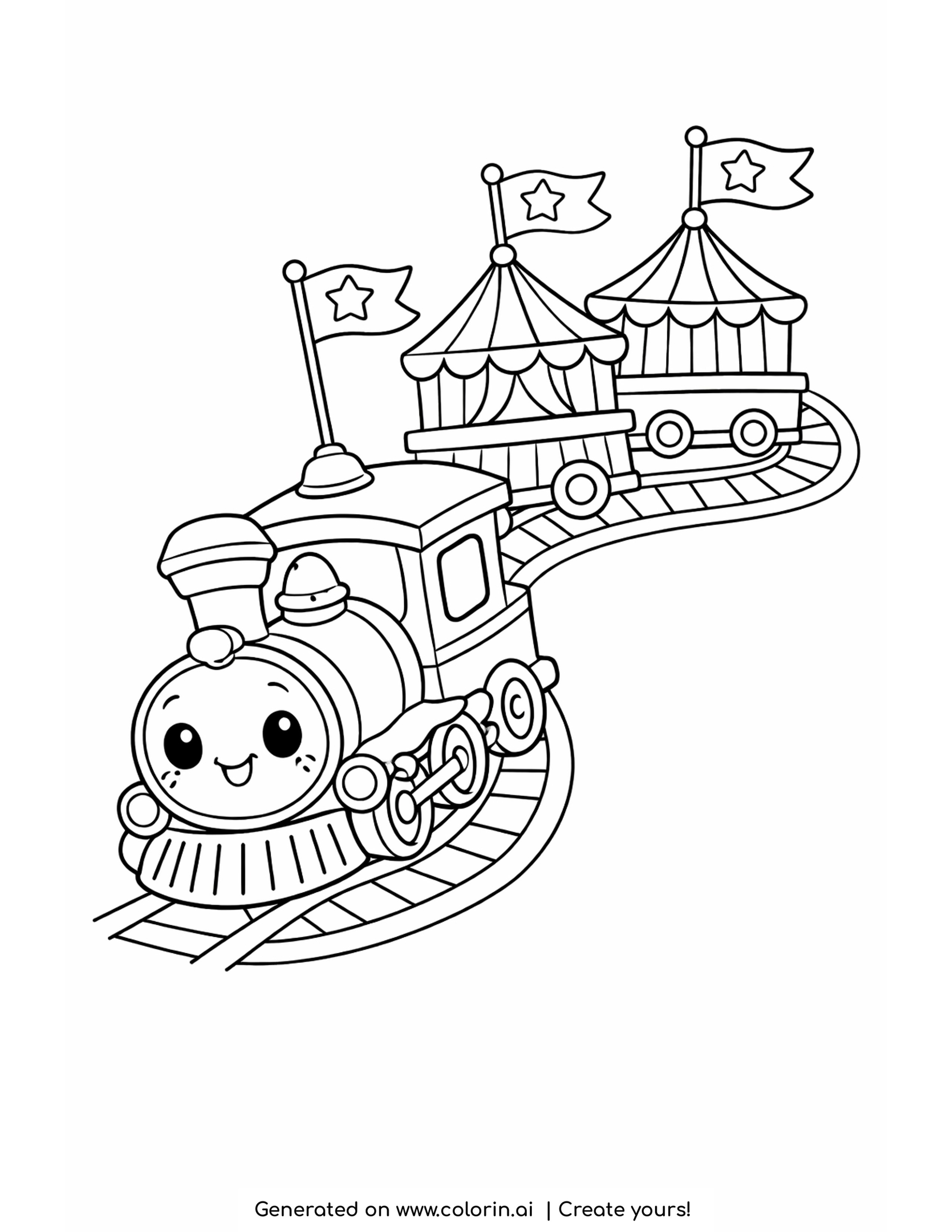 circus train coloring pages: a smiling engine towing wagons with striped tents and star flags