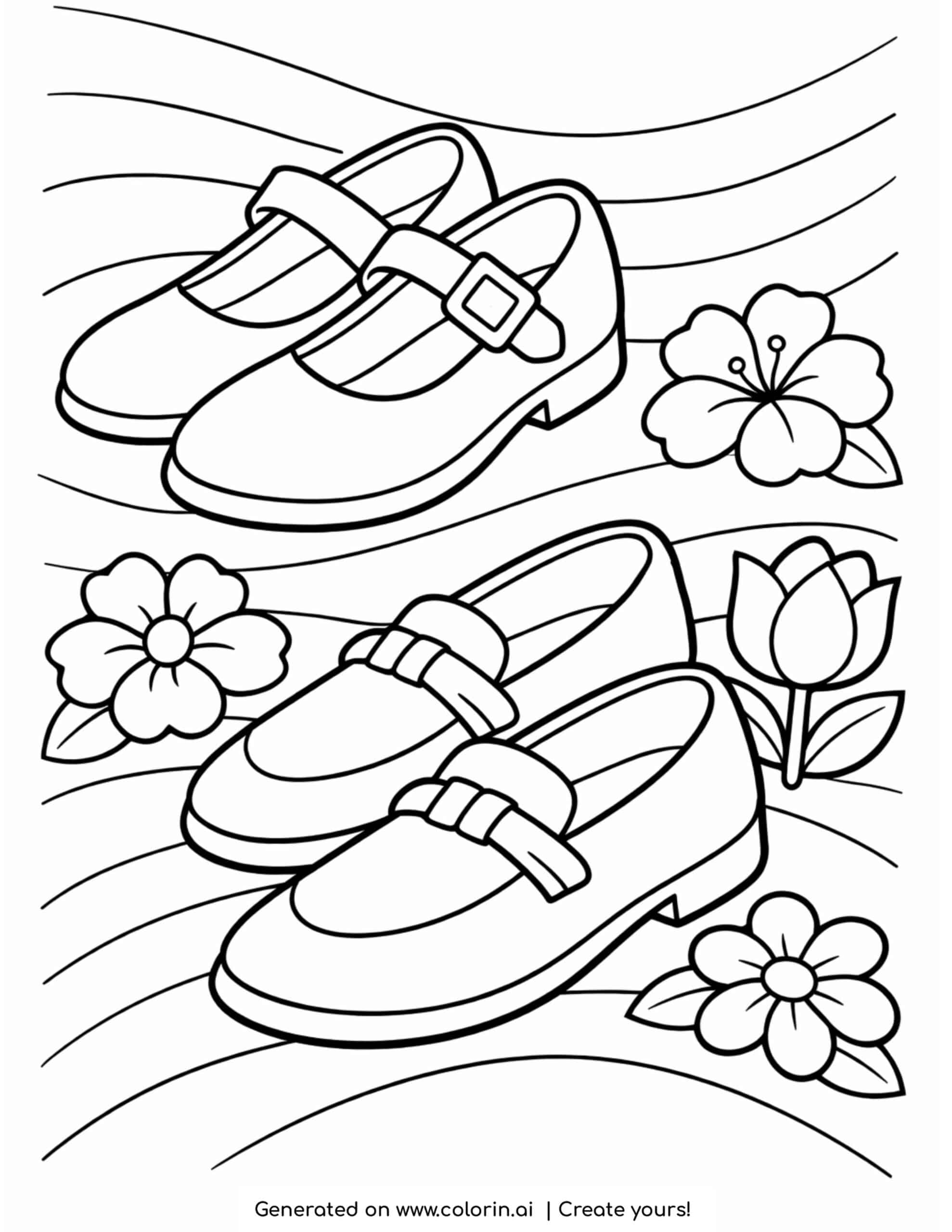 two pairs of shoes with flowers coloring page featuring diagonal layout and decorative floral elements
