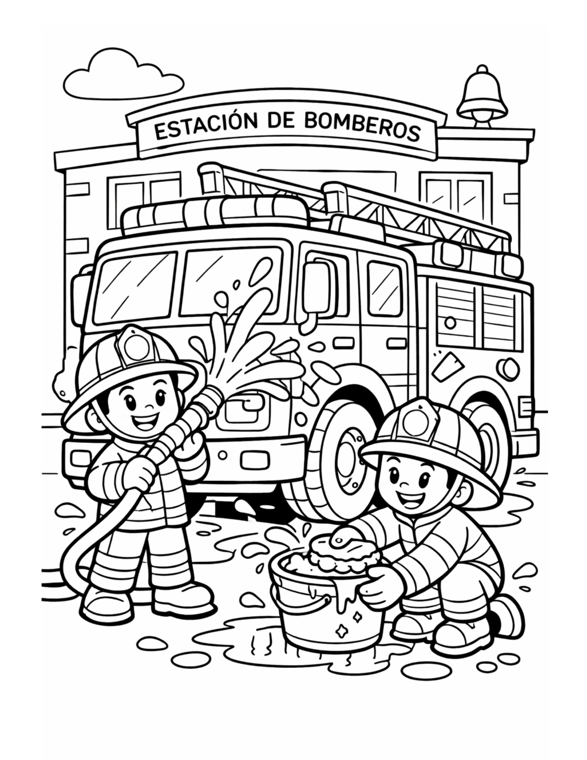 firefighters washing fire truck coloring page with hose spray and a soapy bucket in front of the station coloring page