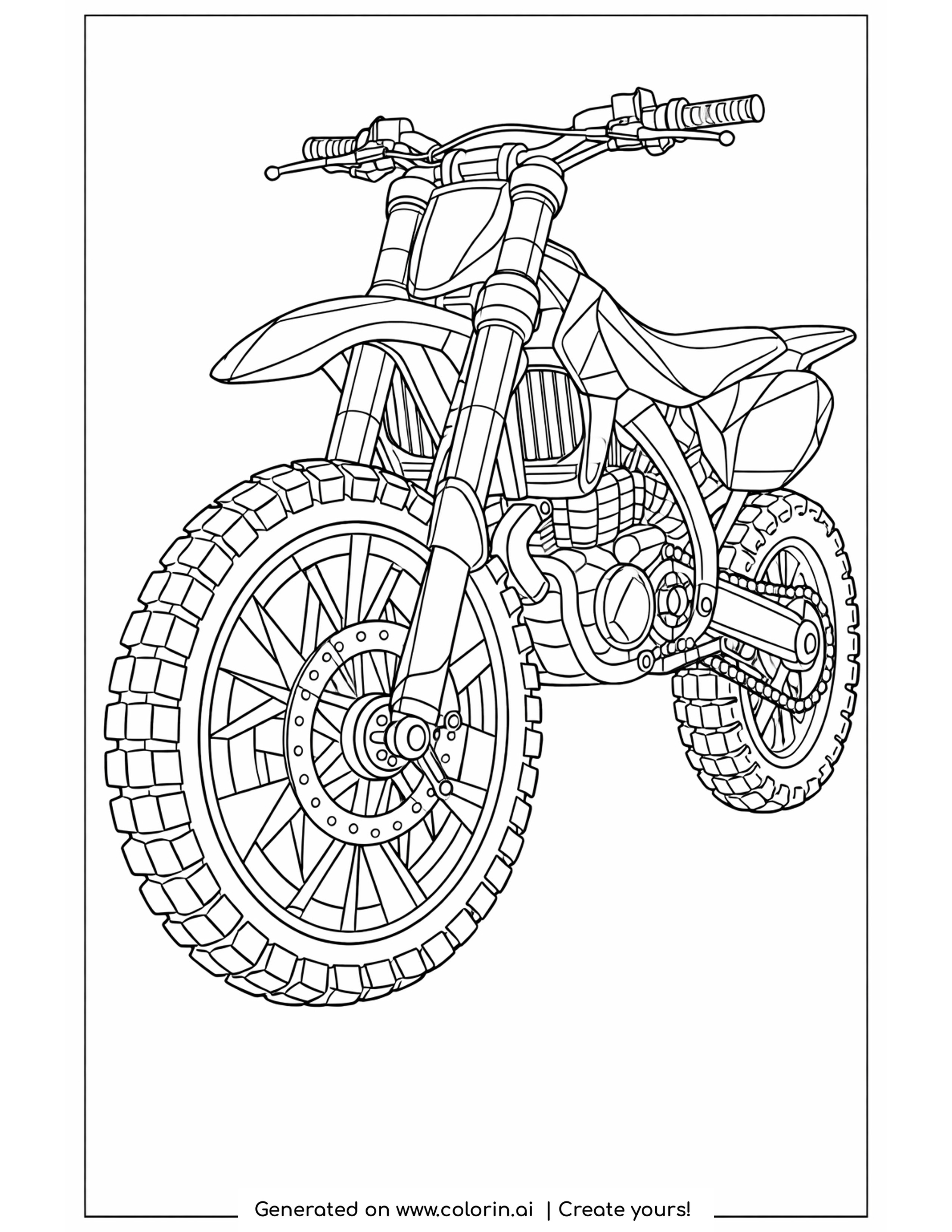 detailed dirt bike coloring pages - detailed dirt bike with long suspension forks and deep knobby tire treads