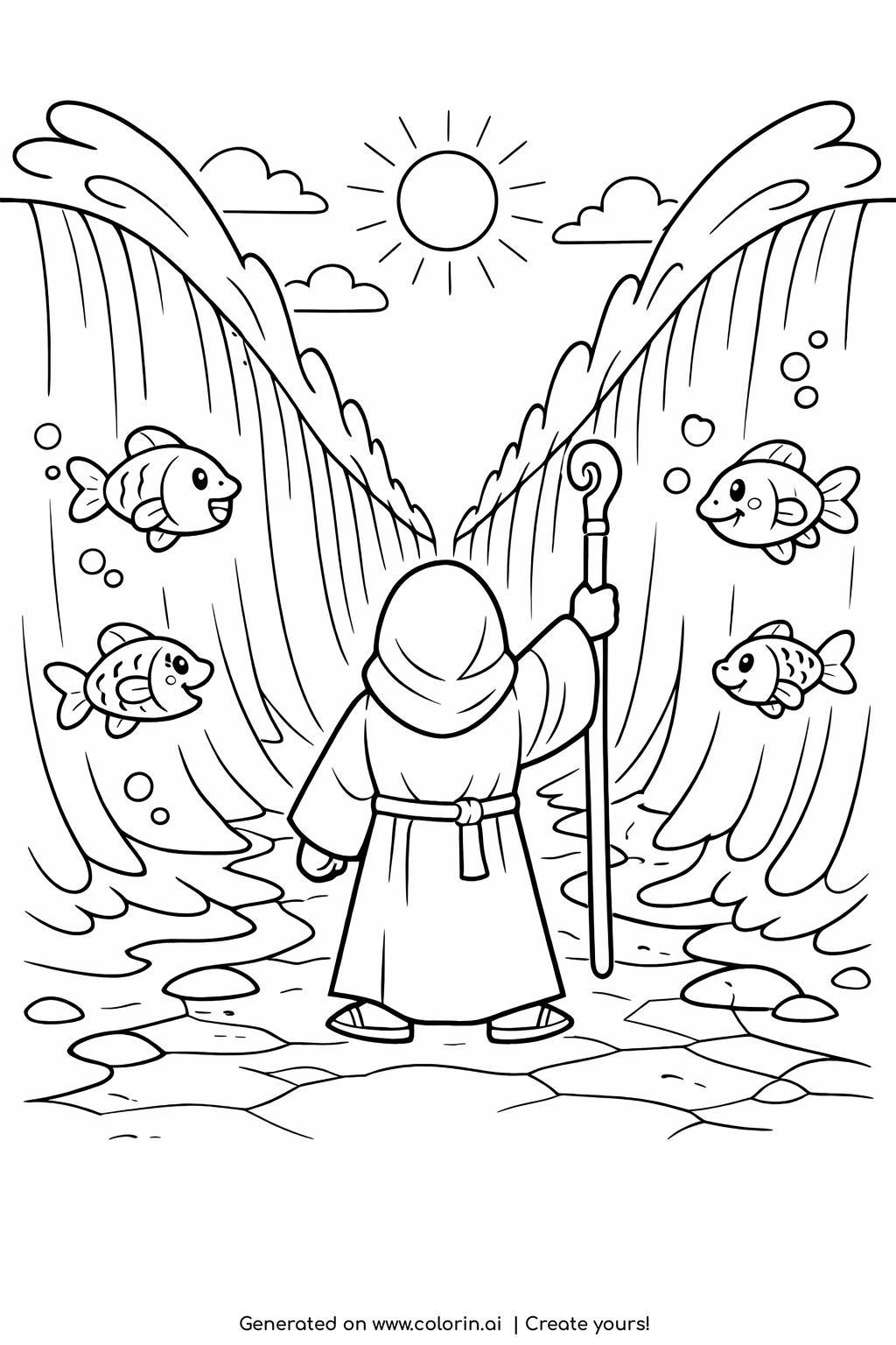simple bible coloring pages, Moses raising his staff as two walls of water part with fish, leaving a dry path