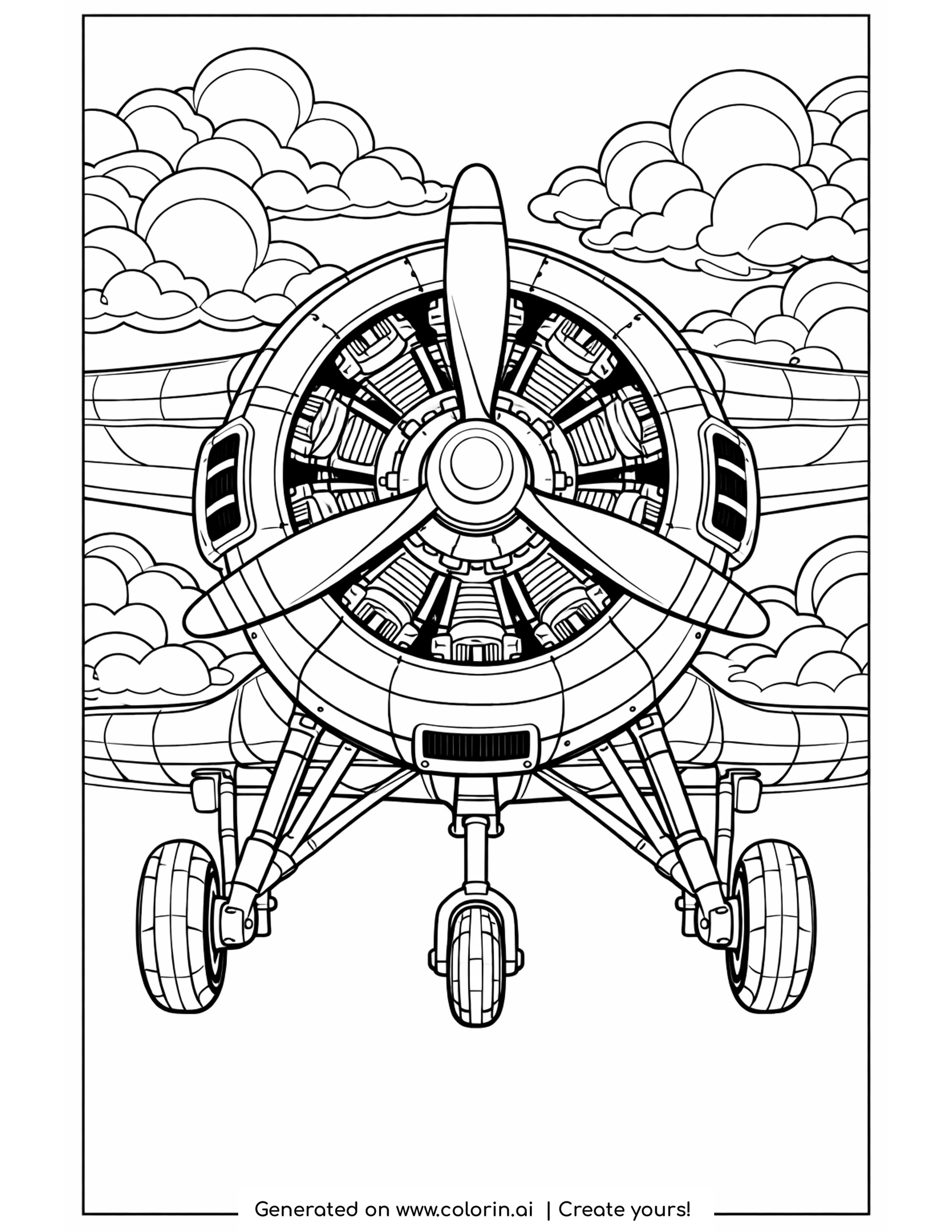 detailed propeller plane coloring pages — nose on propeller plane with an open radial engine and clouds behind