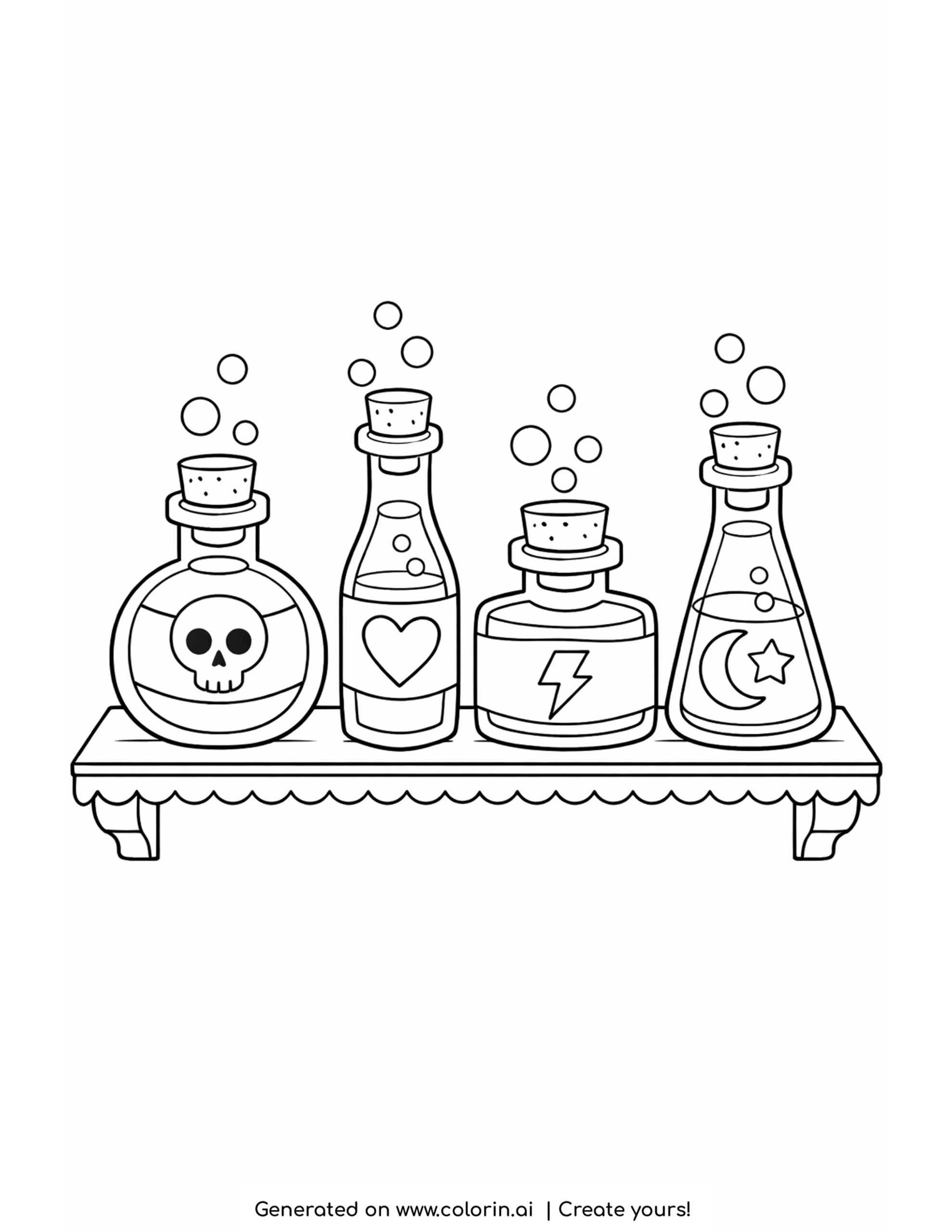 potion bottle coloring pages, a shelf of bubbling potion bottles with skull, heart, lightning, and moon labels