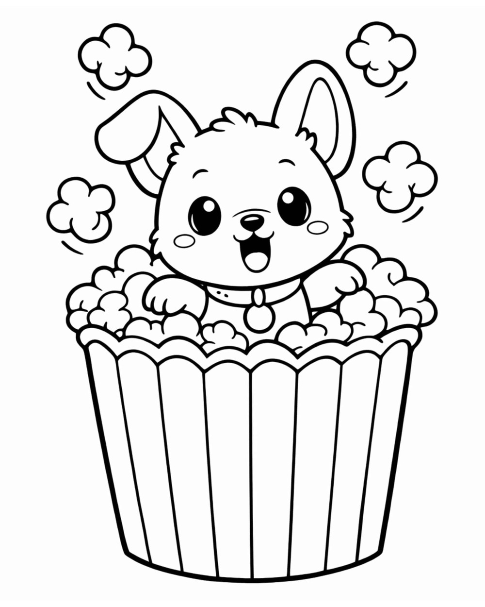 Puppy in a popcorn bucket coloring page