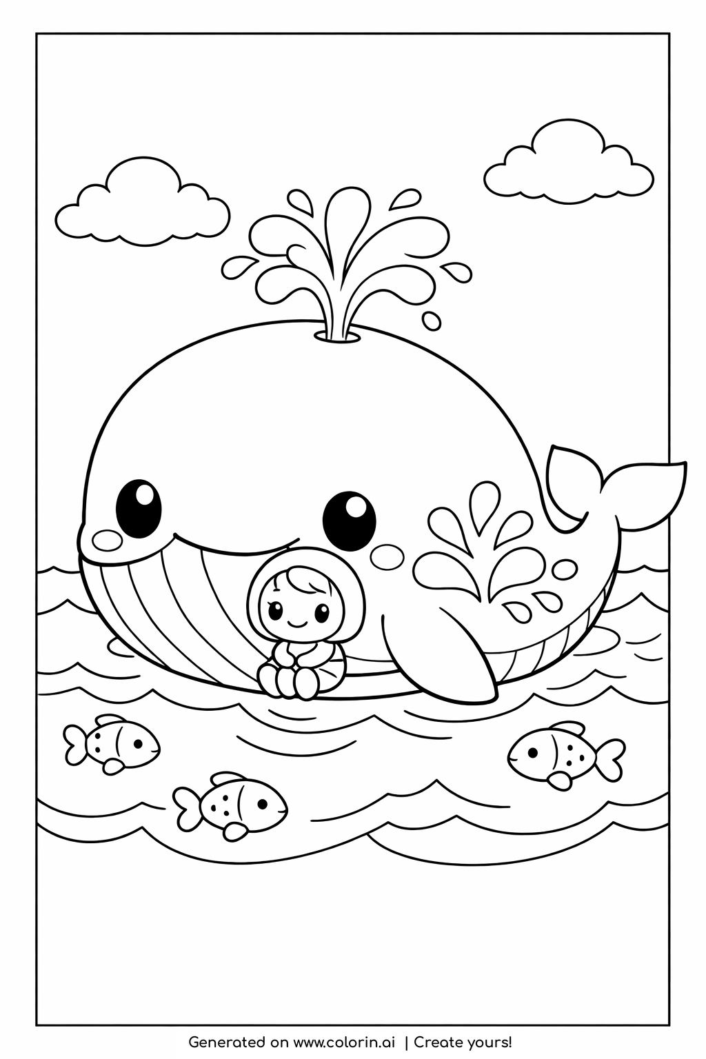 bible story coloring pages, big friendly smiling whale spouting water with a small figure and little fish