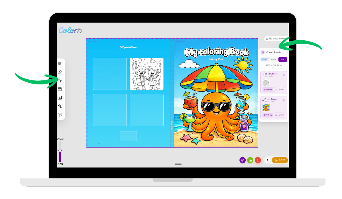 Colorin AI cover editor showing front and back cover panels with image upload options and text editing tools