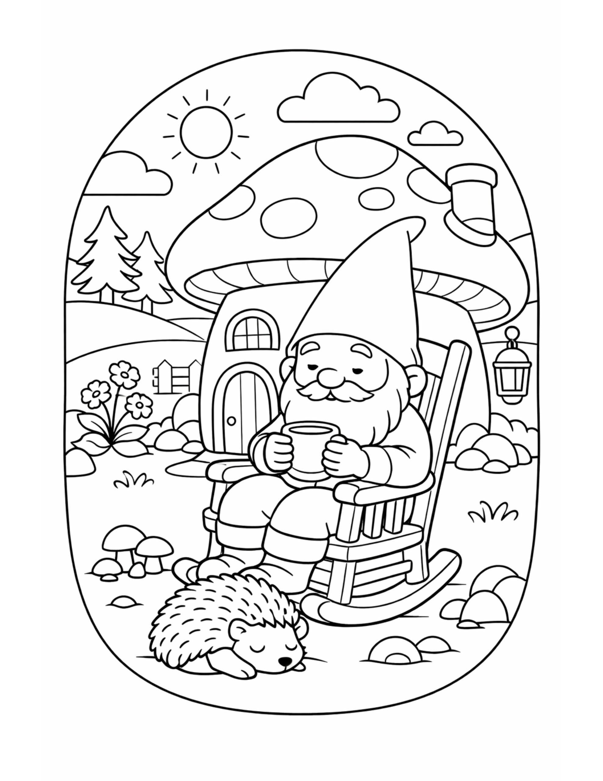 gnome relaxing in rocking chair coloring page outside a mushroom house with a warm mug, sunny sky, and a sleeping hedgehog coloring page