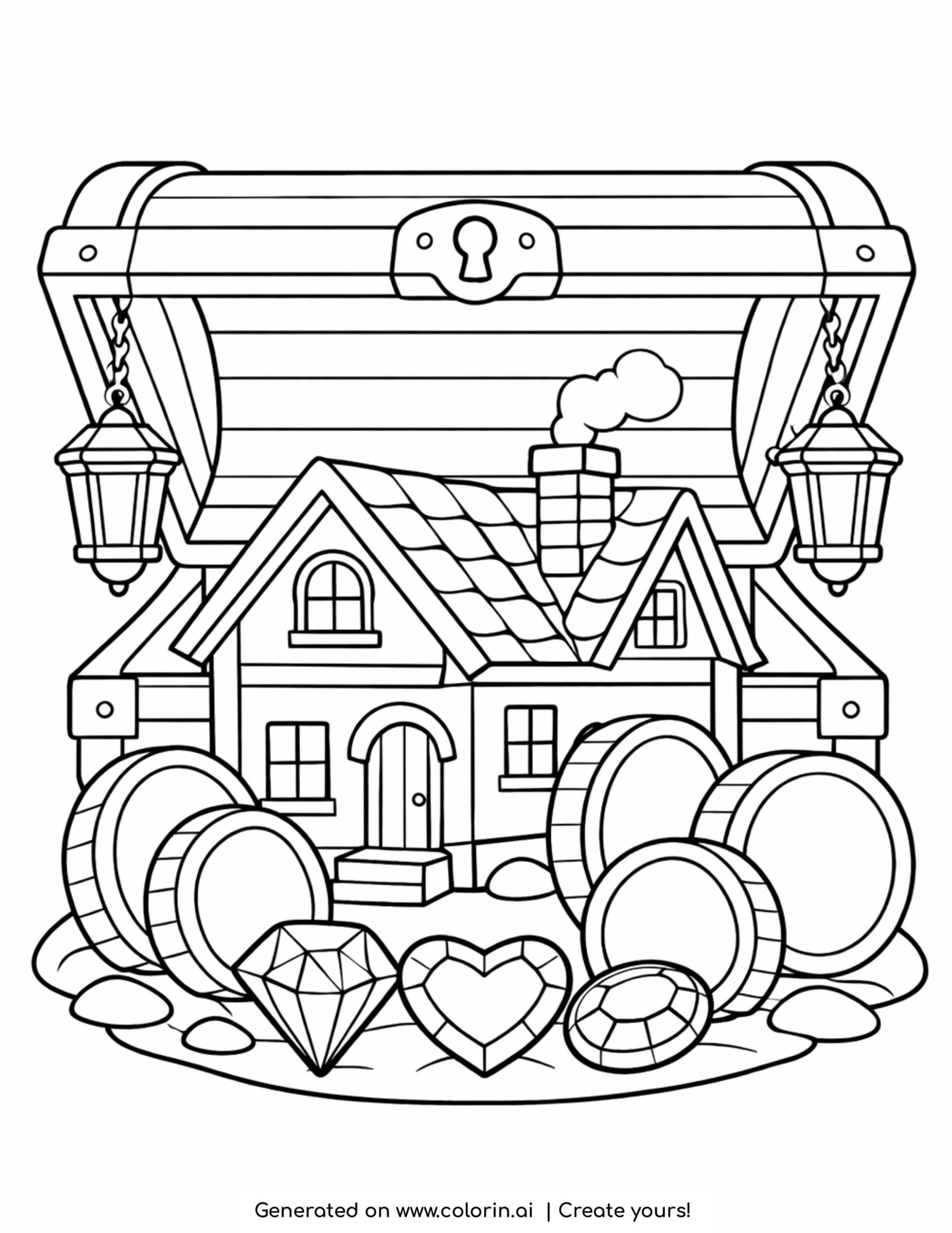 house inside treasure chest coloring page with coins and gems around