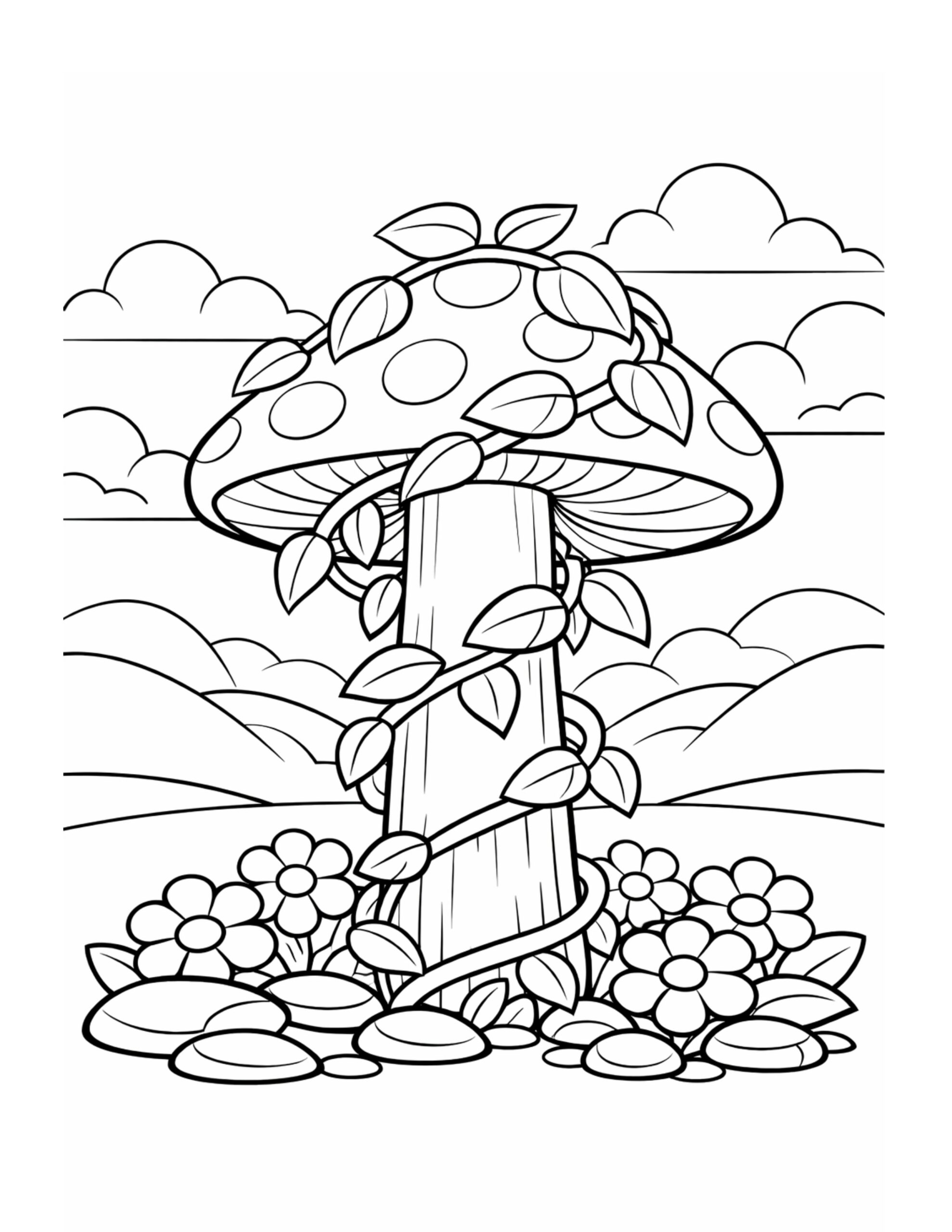 spotted mushroom with vine wrapping coloring page featuring a tall mushroom, leafy vine, flowers, hills, and clouds coloring page