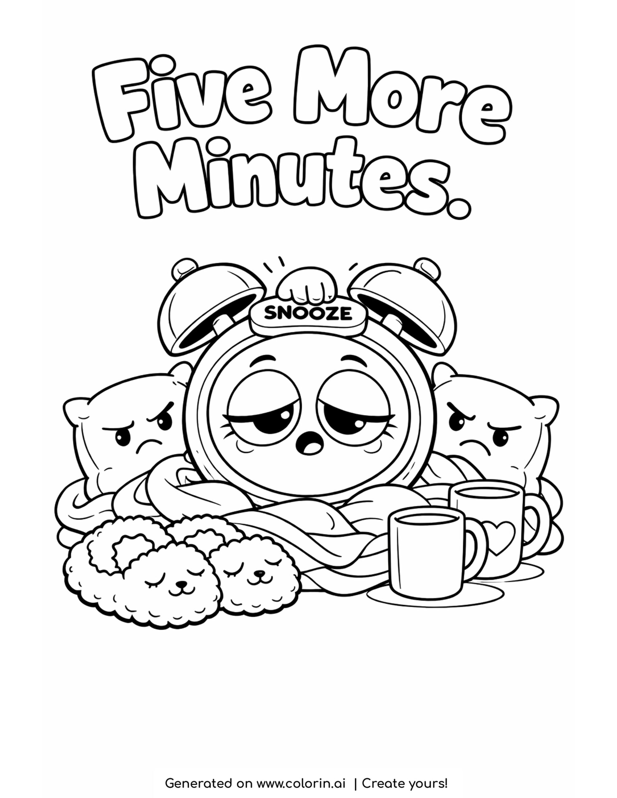 funny quote coloring pages, a sleepy alarm clock hitting its own snooze button with a Five More Minutes sign, pillows, slippers and coffee mugs