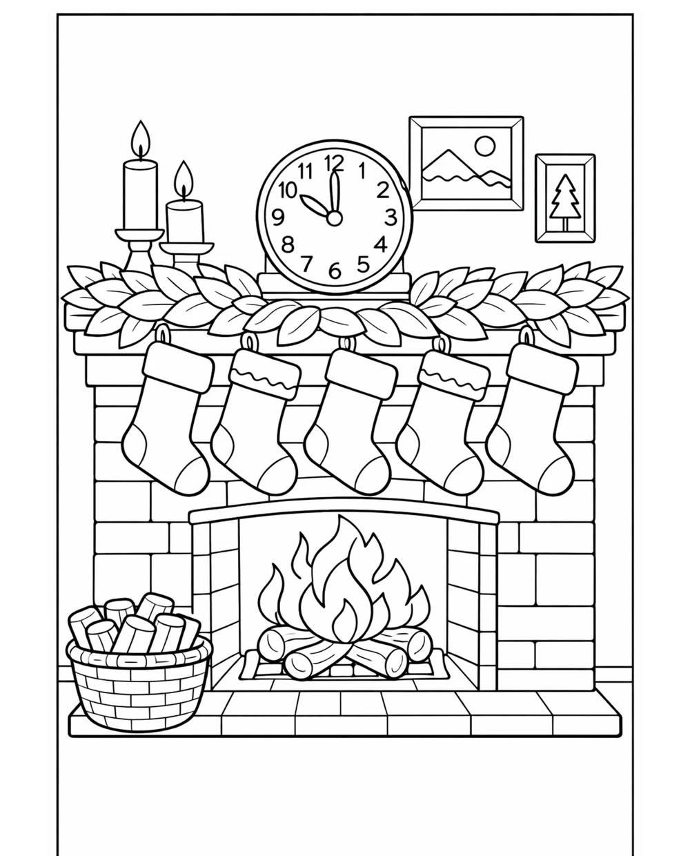 Coloring page of a brick fireplace with hanging stockings and a woven basket, advanced difficulty, for adults