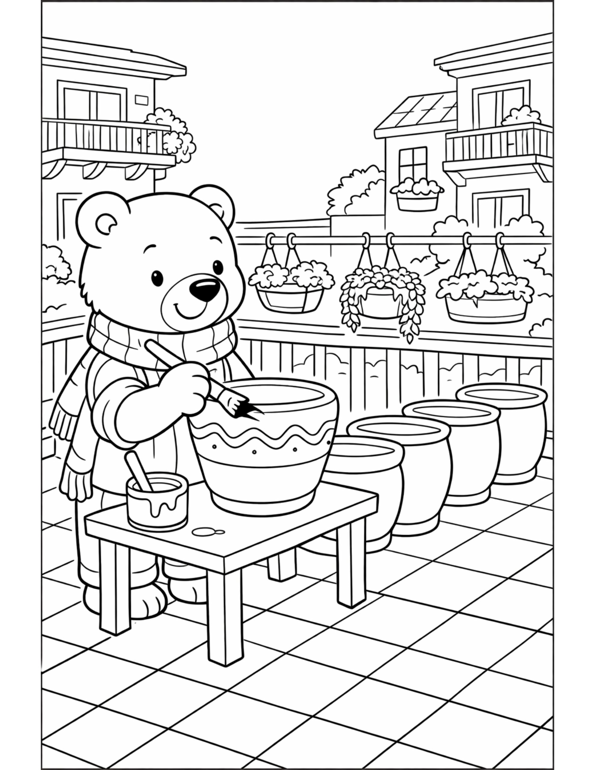 bear painting flower pots coloring page on a balcony with hanging plants, paint brush, and cozy buildings coloring page