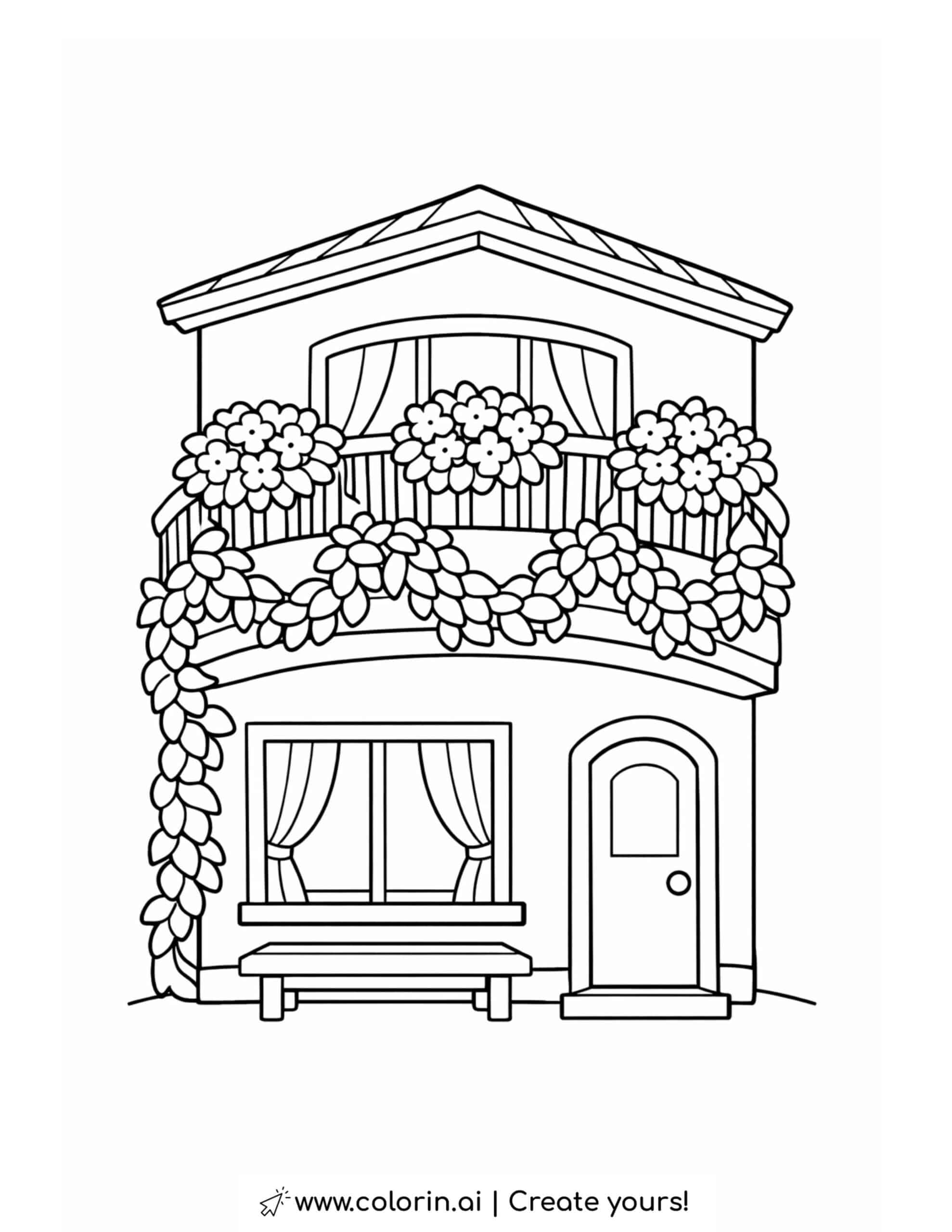 cozy corner house with flower balcony coloring page featuring curved balcony and large flowers coloring page