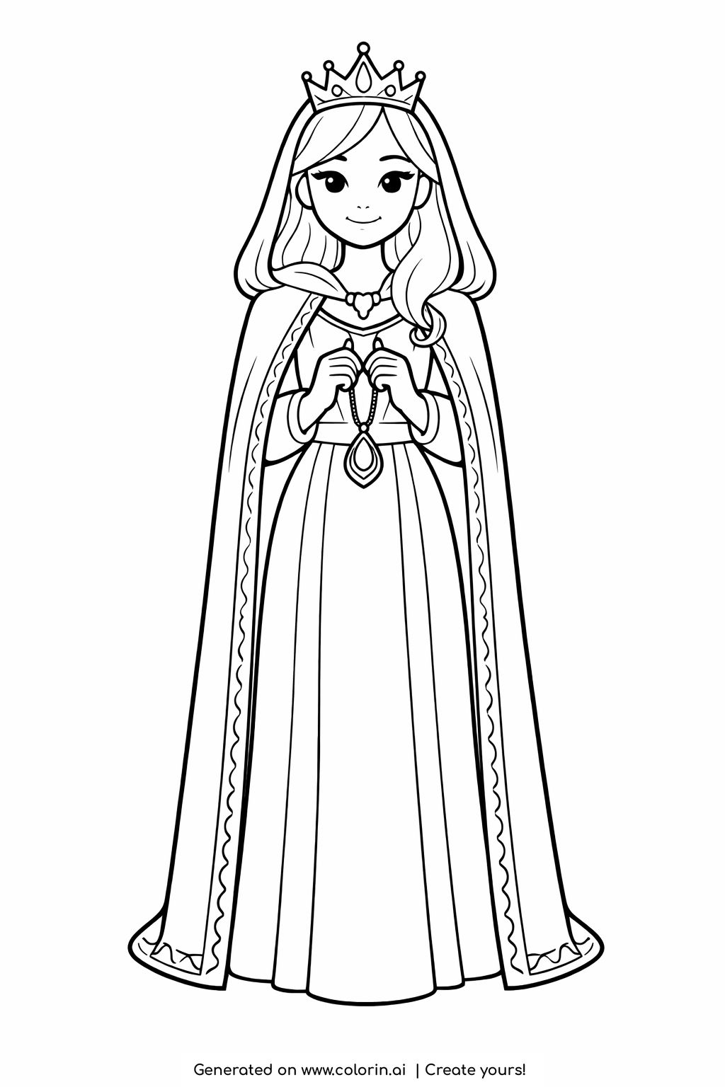 princess holding a pendant coloring page with long cape and crown coloring page