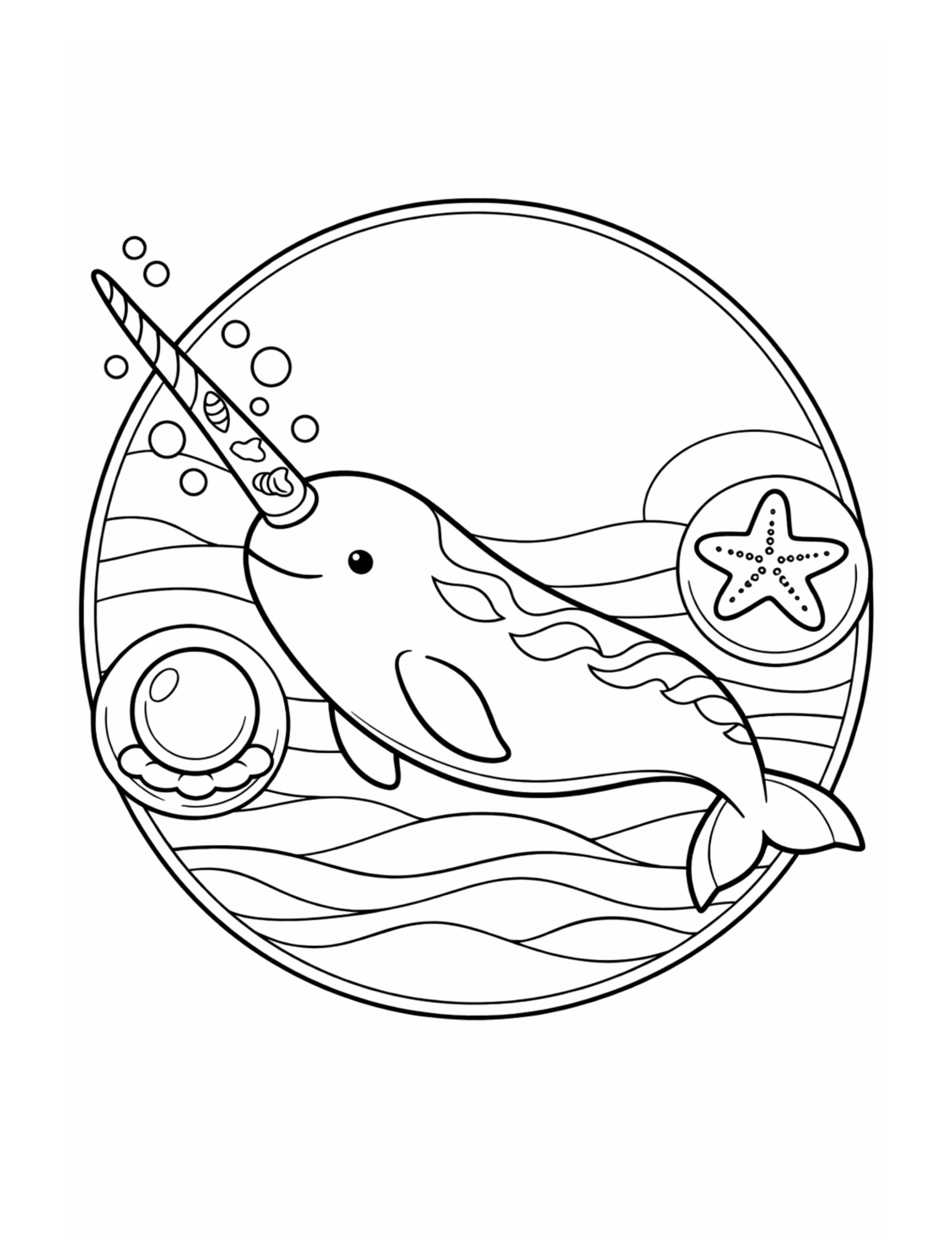narwhal swimming beside starfish coloring page with a cute narwhal in a круг frame, waves, bubbles, and sea icons coloring page