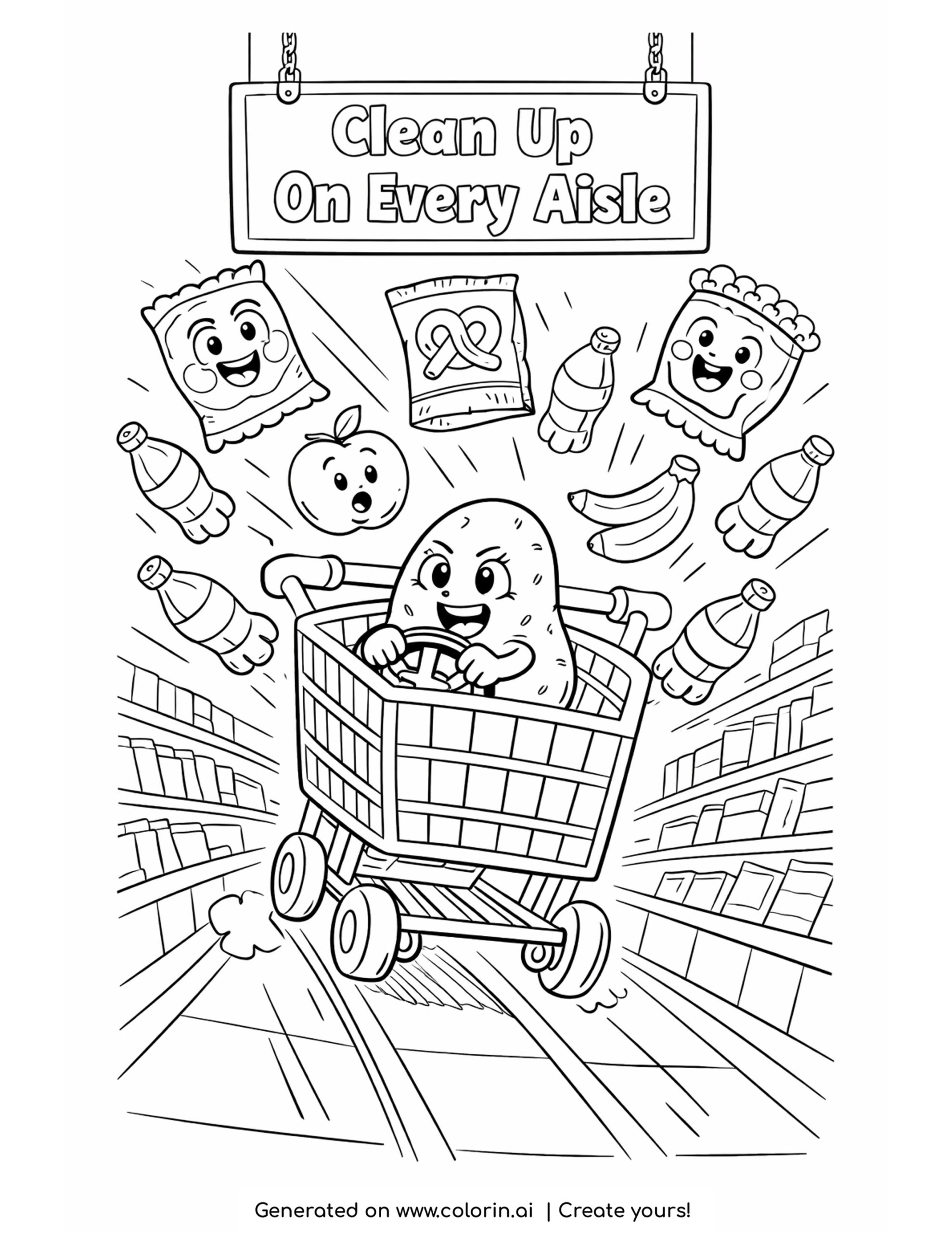 funny food coloring pages, a determined potato driving a runaway grocery cart with snacks and soda bottles flying down a supermarket aisle