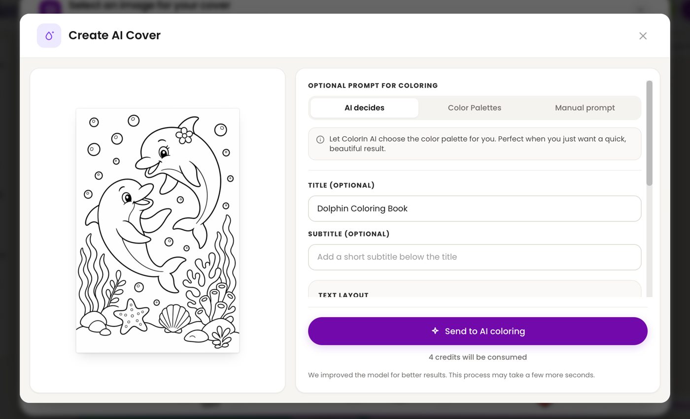 The Create AI Cover window in Colorin AI, with AI decides selected and Dolphin Coloring Book typed as the title