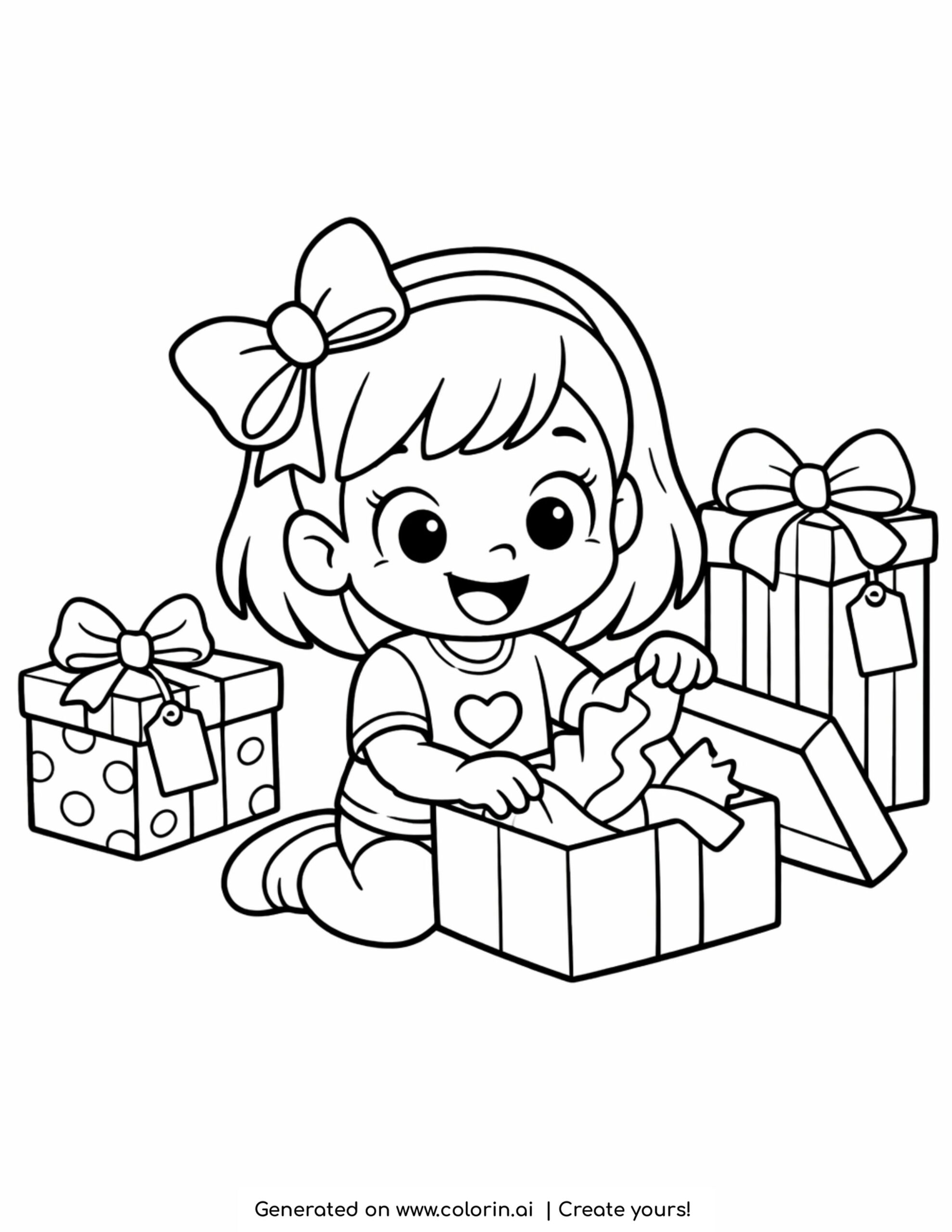 girl opening gift box on floor coloring page with presents and smiling child