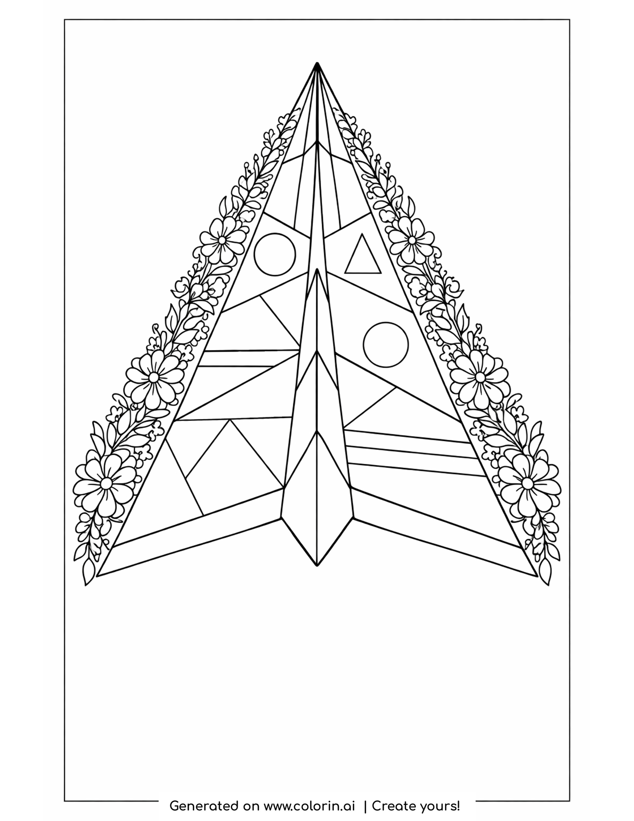 patterned plane coloring pages — folded paper airplane with open crease panels and a flower garland along both edges