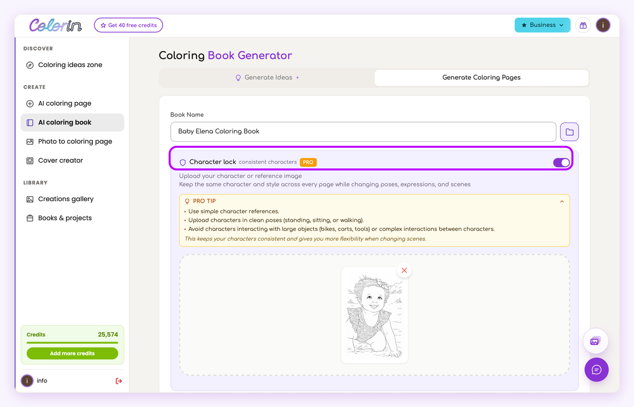 The book generator with Character lock turned on and the baby reference page loaded