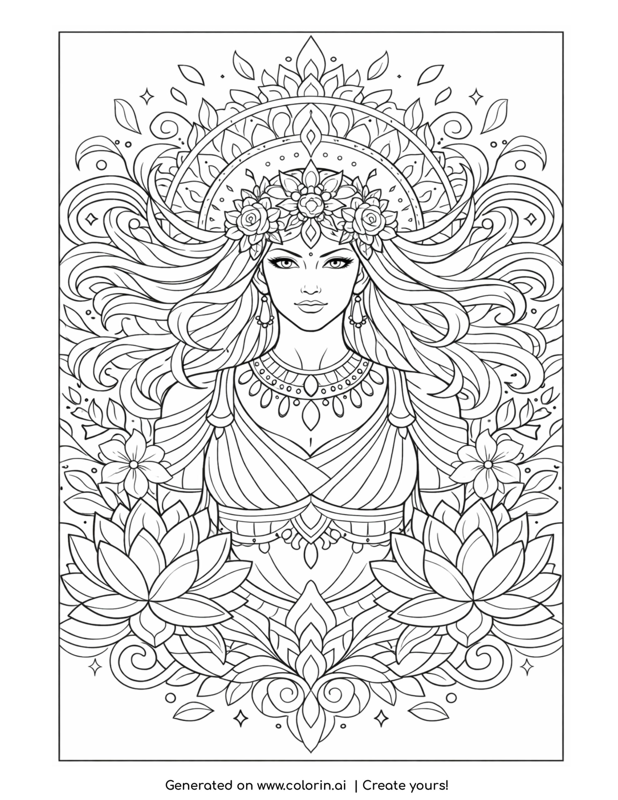 goddess blooming with lotus energy coloring page with flowing hair and lotus flowers