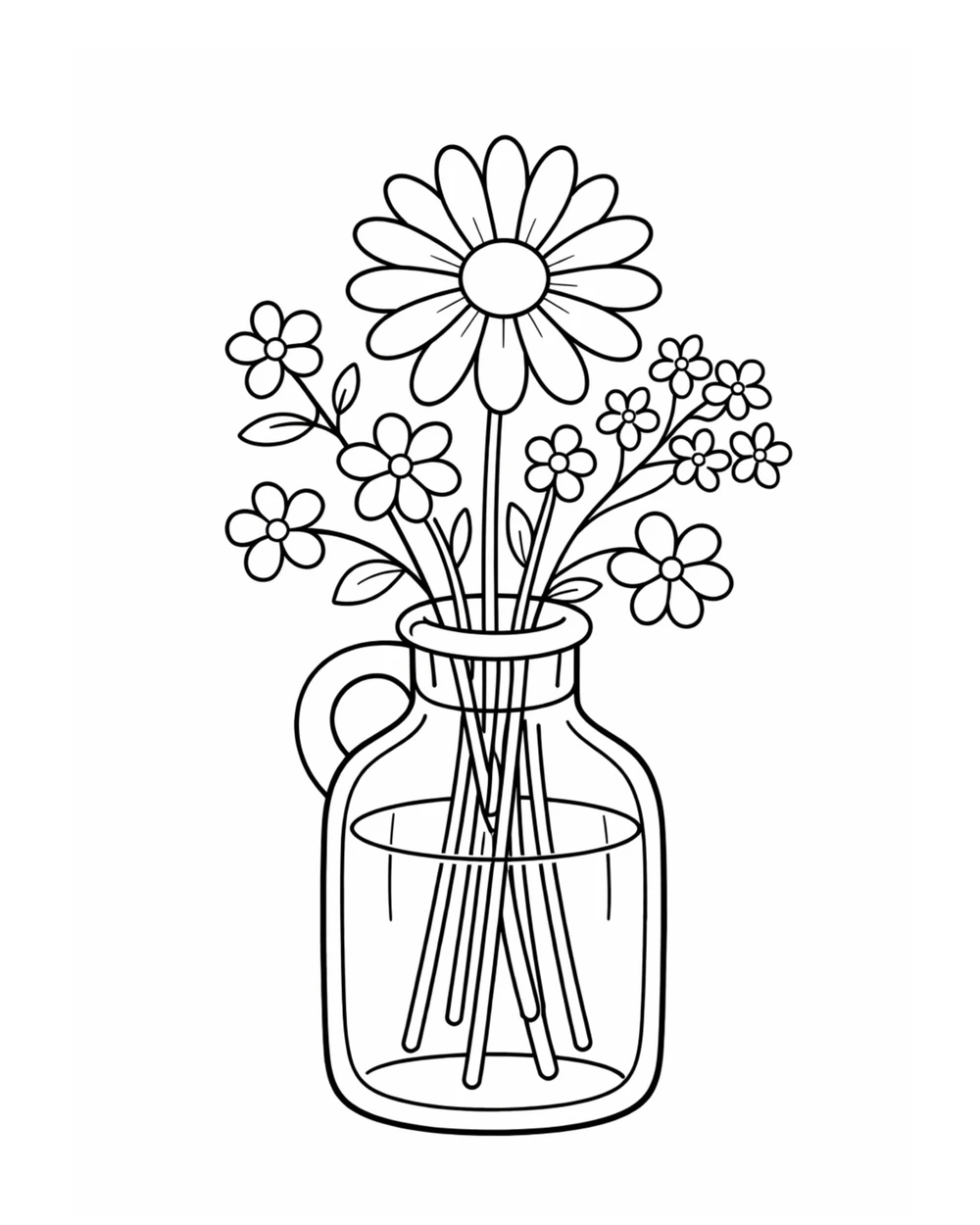 Bold and easy coloring page of a few daisies in a clear mason jar, easy difficulty