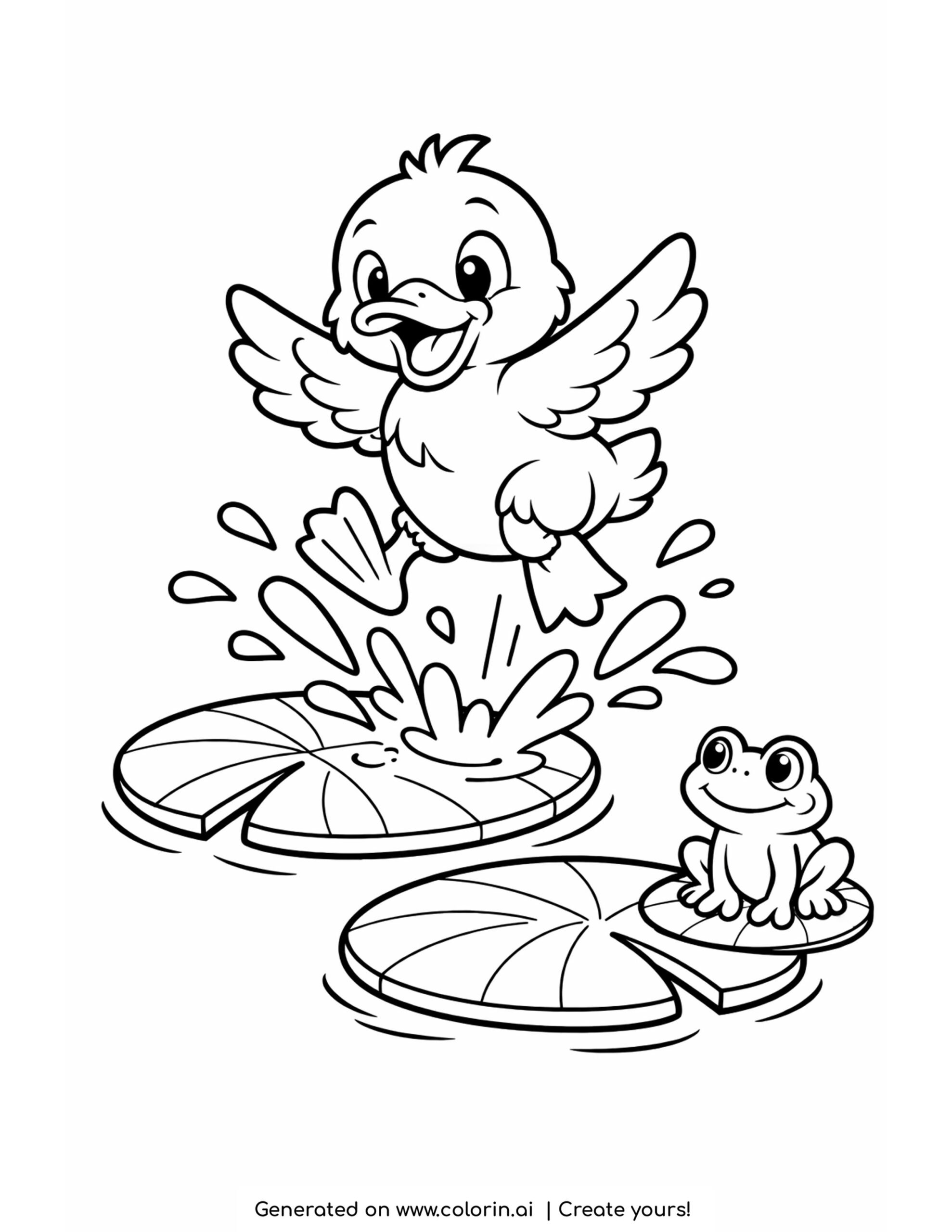 duck splashing beside pond leaves coloring page with frog and lily pads