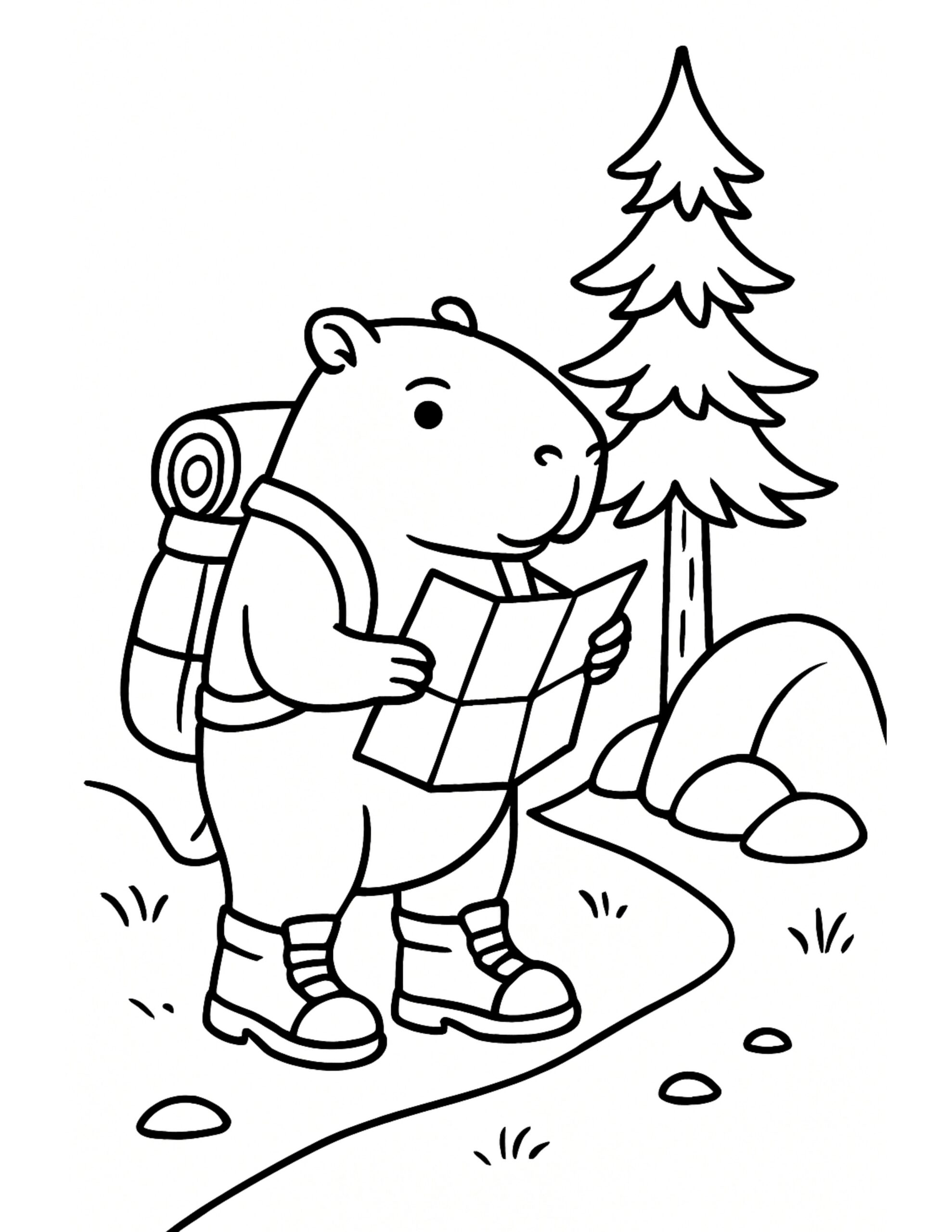 capybara hiking with a map coloring page – backpack, boots, winding path, and pine tree coloring page