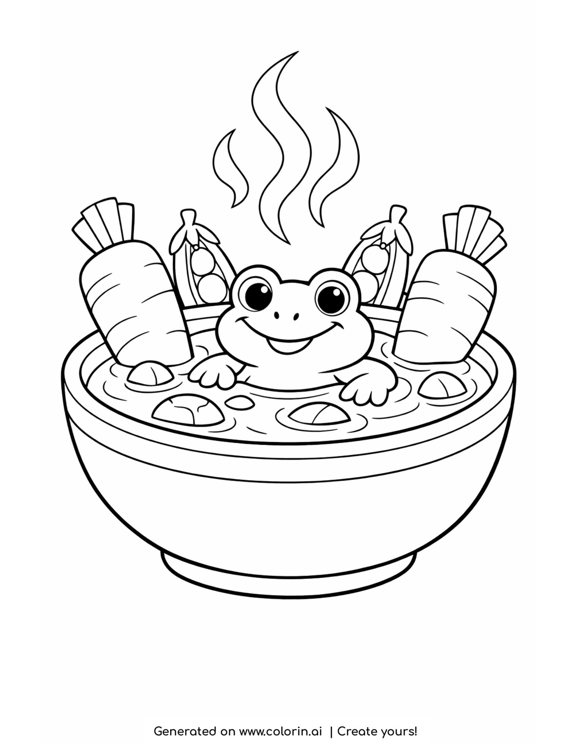 frog relaxing in soup bowl coloring page with vegetables and steam illustration coloring page
