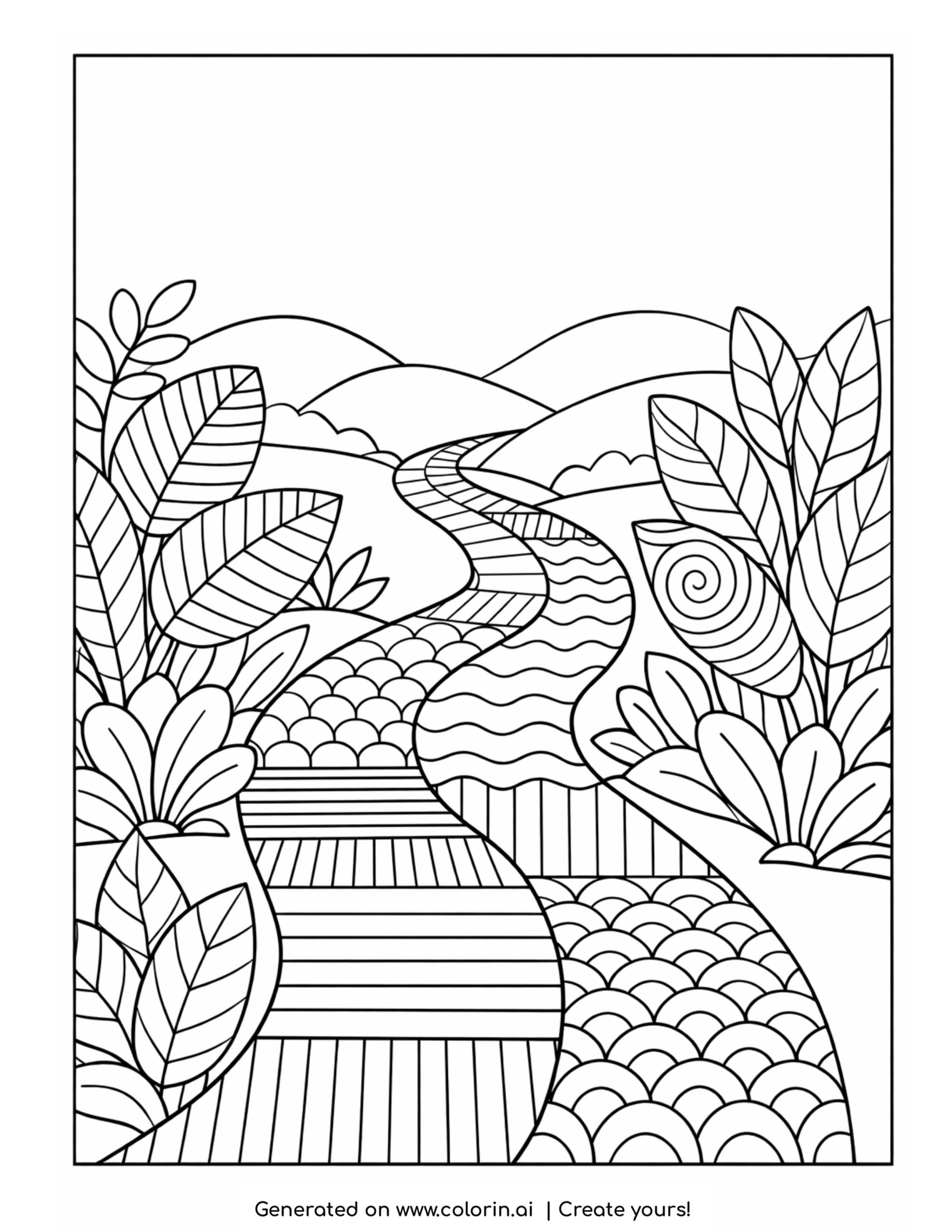 winding path through hills with plants coloring page with curved trail and leafy shapes