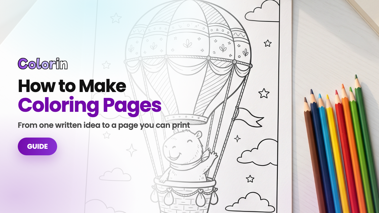 How to Make Coloring Pages: a page just made, beside colored pencils
