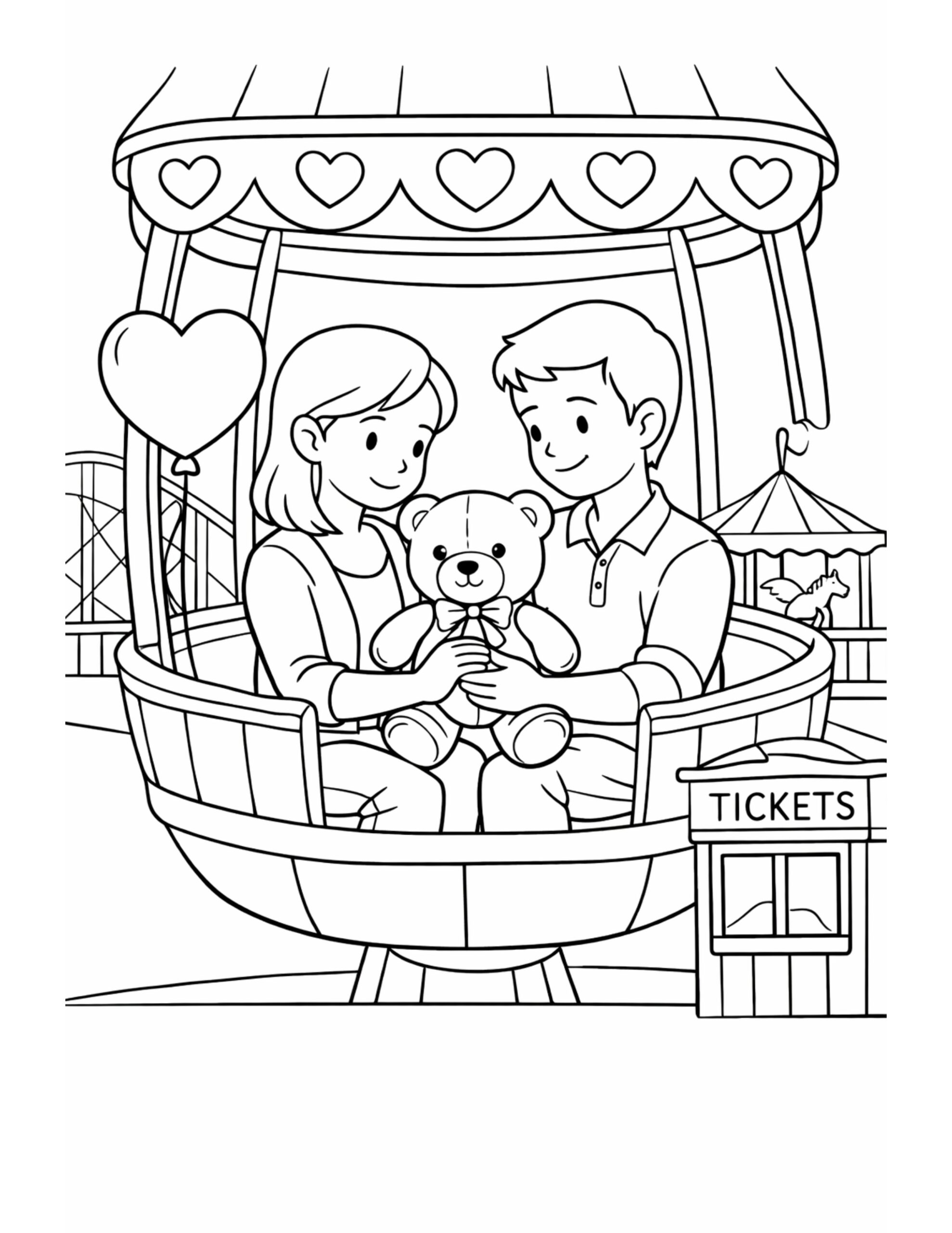 couple holding teddy in gondola coloring page with heart garland, heart balloon, and tickets booth coloring page
