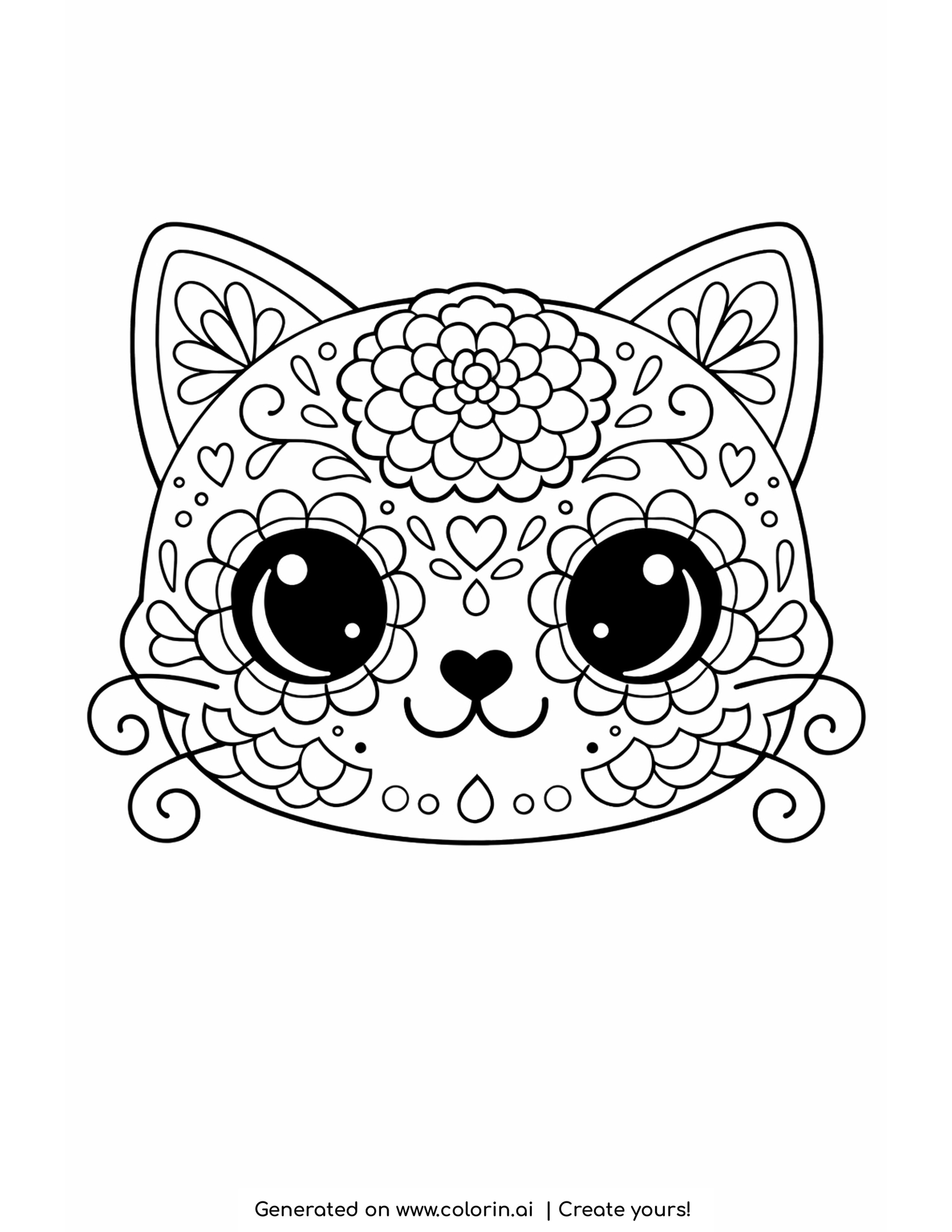 sugar skull cat coloring pages, cat face drawn as a calavera with petal ringed eyes, a marigold on the forehead and curled whiskers