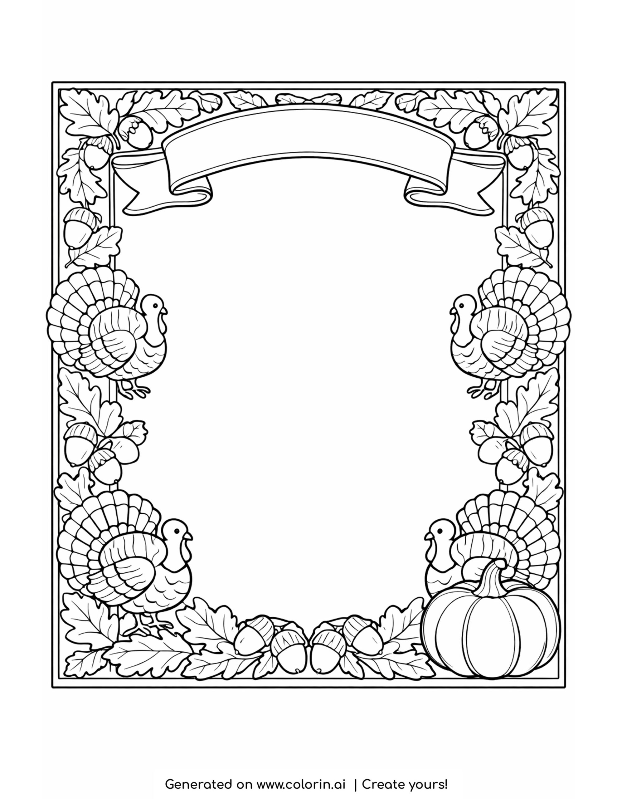 thanksgiving coloring placemats, a decorative border frame with turkeys, oak leaves, acorns, a pumpkin, and a blank banner