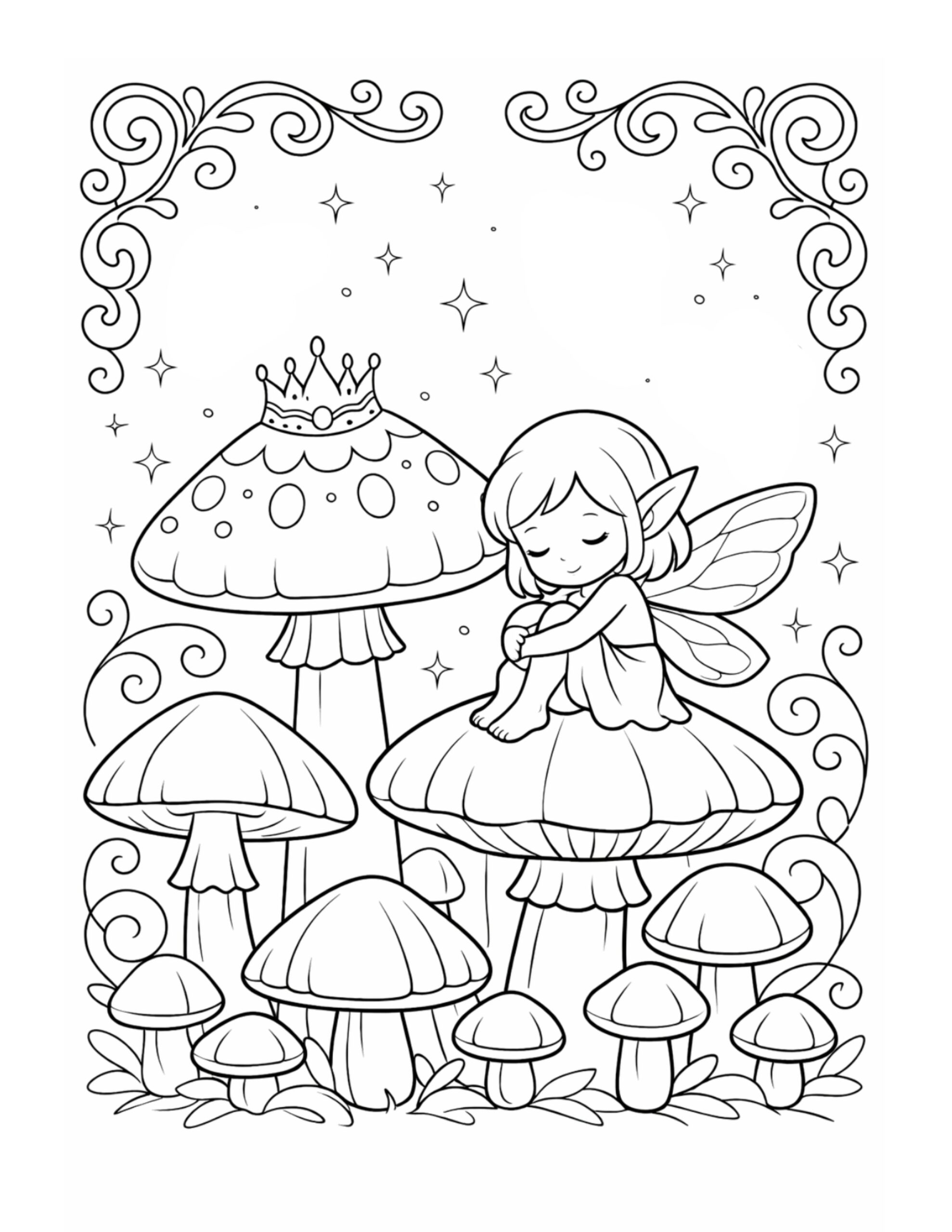 sleepy fairy on mushroom coloring page with a cute fairy, crown-topped mushroom, swirls, and stars coloring page