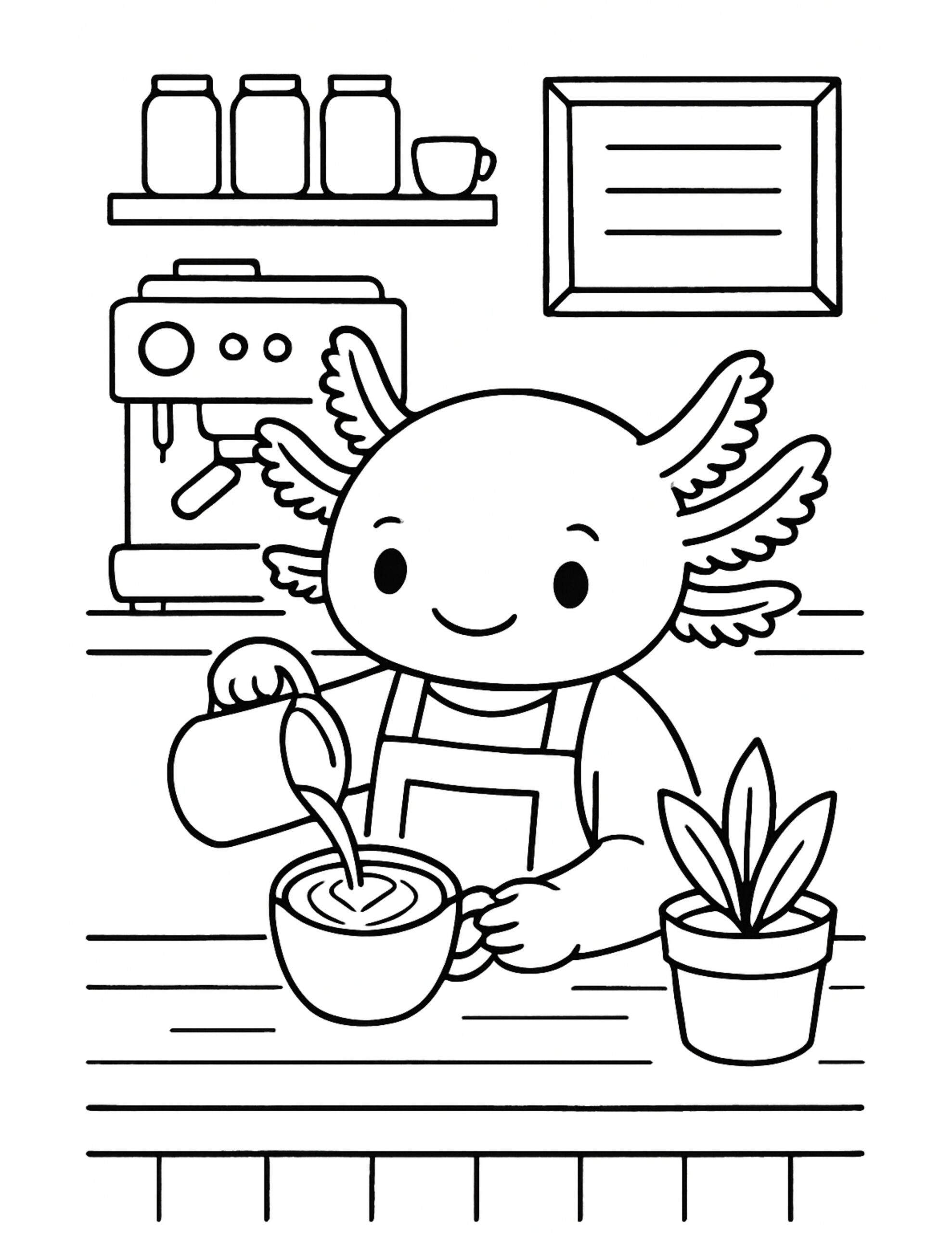 axolotl barista pouring latte coloring page with a smiling axolotl in an apron, pouring into a cup at a cafe counter coloring page