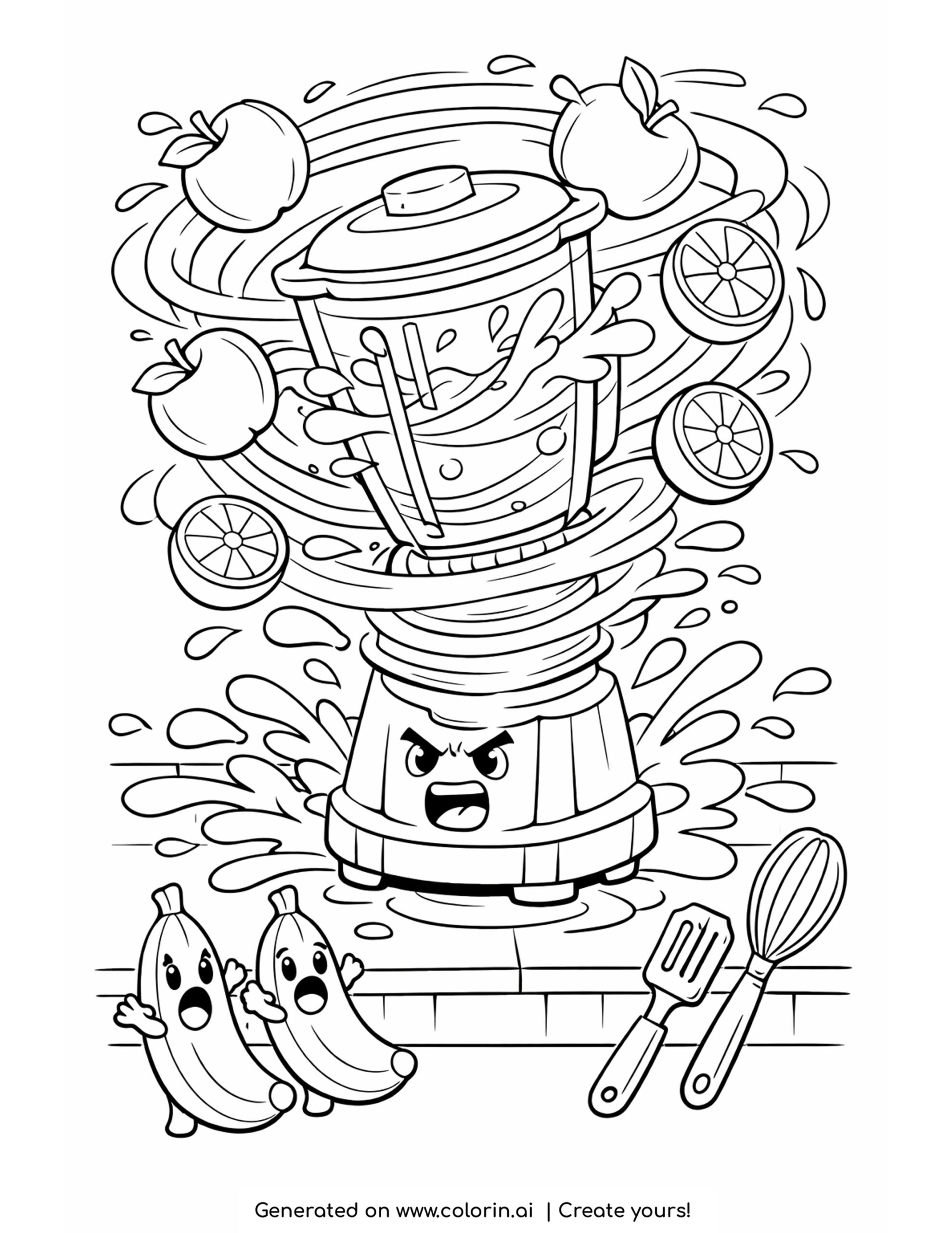 funny food coloring pages, an angry blender erupting in a swirling tornado of apples and orange slices with two scared bananas running away