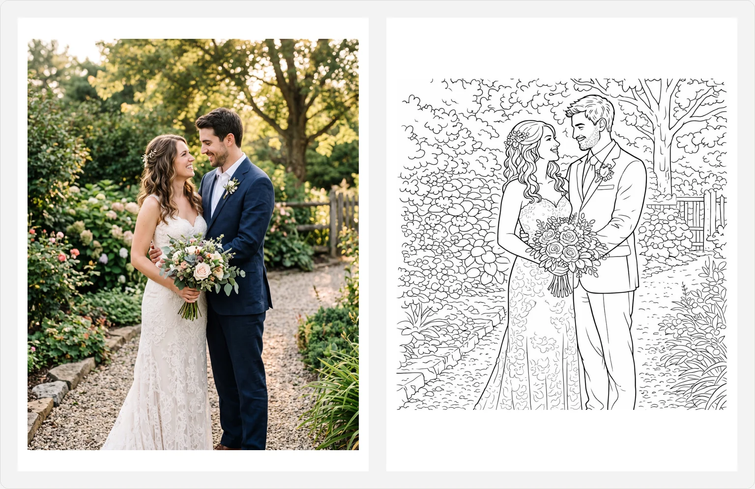 A wedding photo of a couple in a garden on the left, and the coloring page Colorin AI made from it on the right, in the Minimalist style