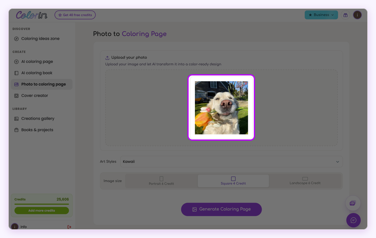 A photo loaded into the Colorin AI photo to coloring page tool