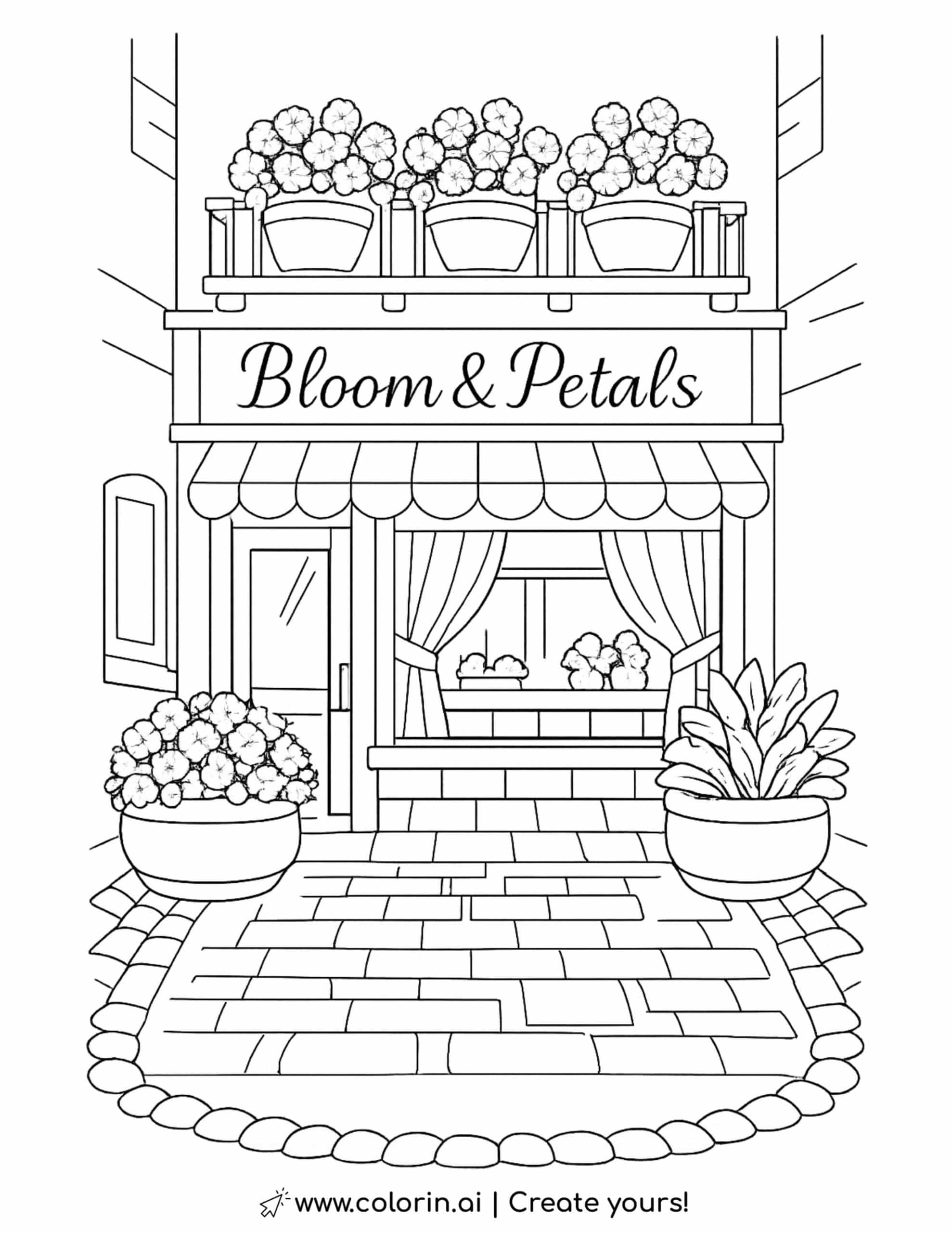 bloom and petals flower shop storefront coloring page with balcony flowers and cobblestone path coloring page